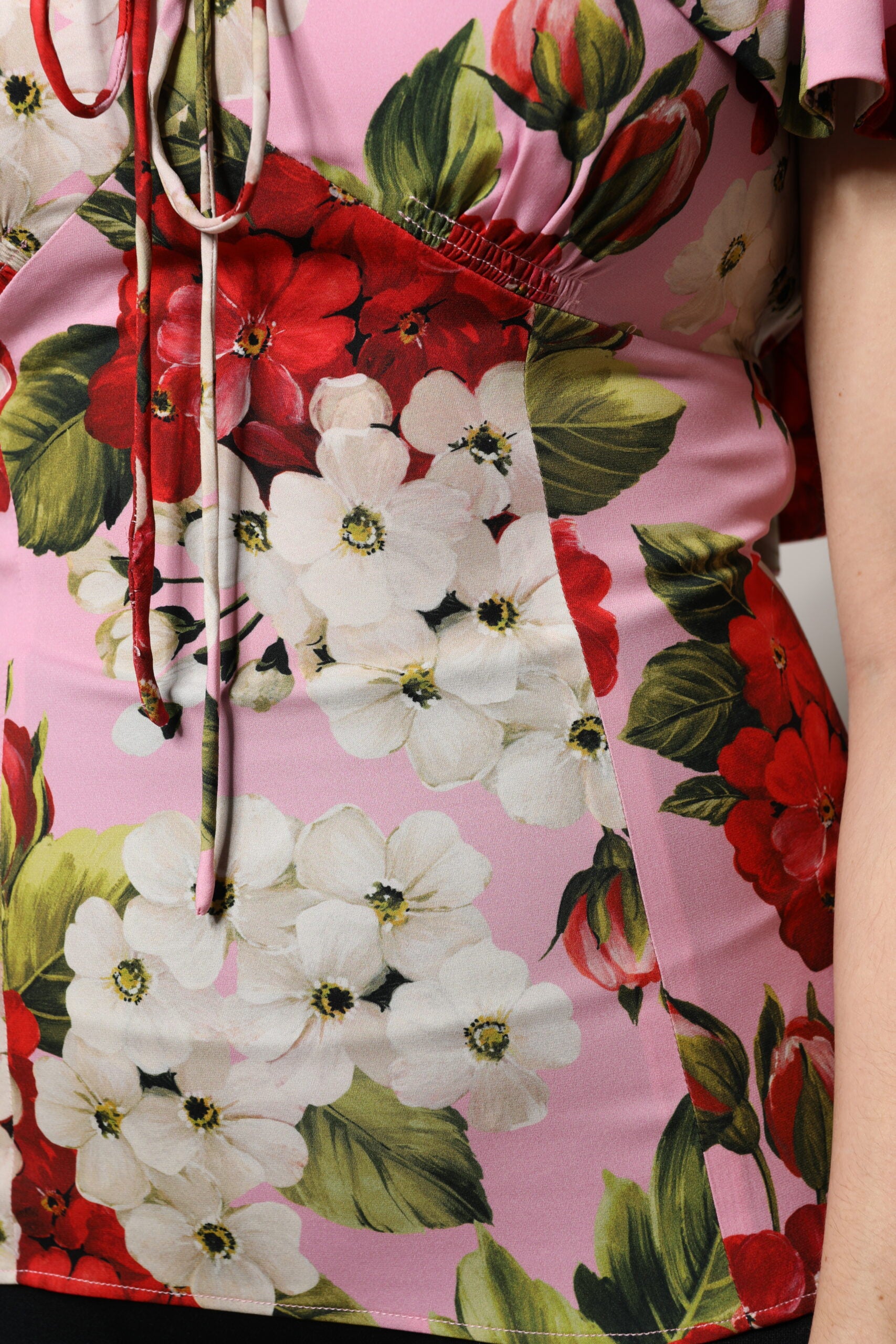 Pink Floral Silk Short Sleeves Blouse Top - ventzia