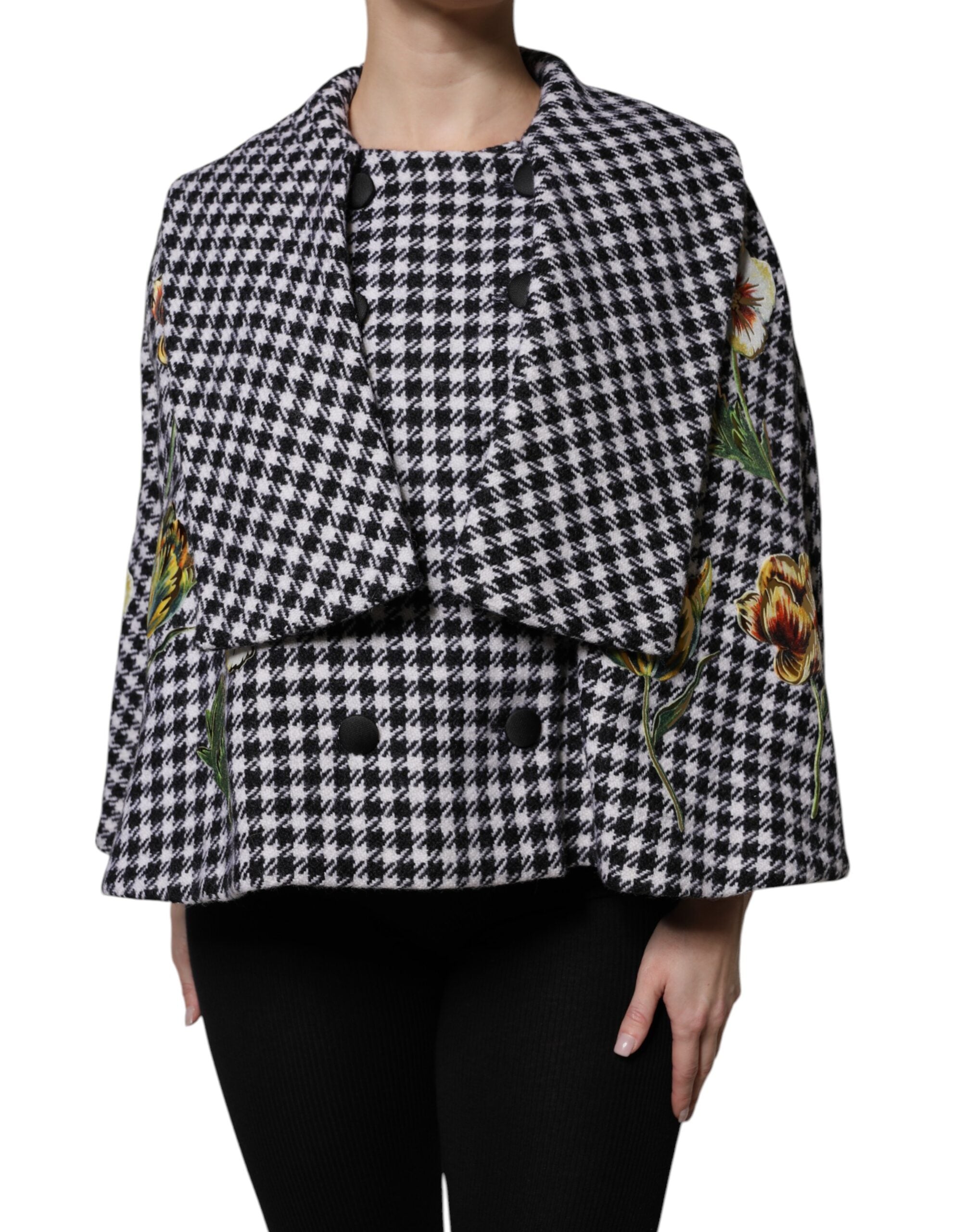 Black White Monochrome Patterned Floral Cape Jacket - ventzia