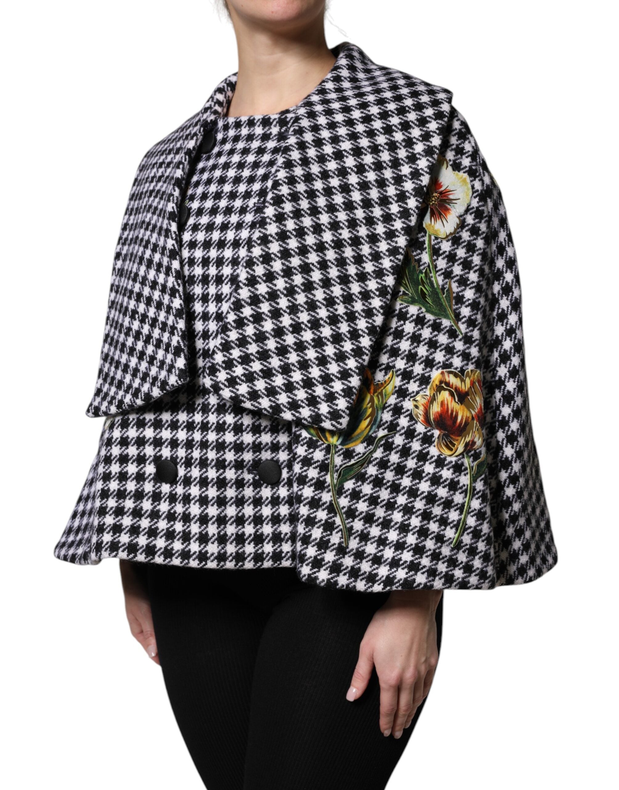 Black White Monochrome Patterned Floral Cape Jacket - ventzia