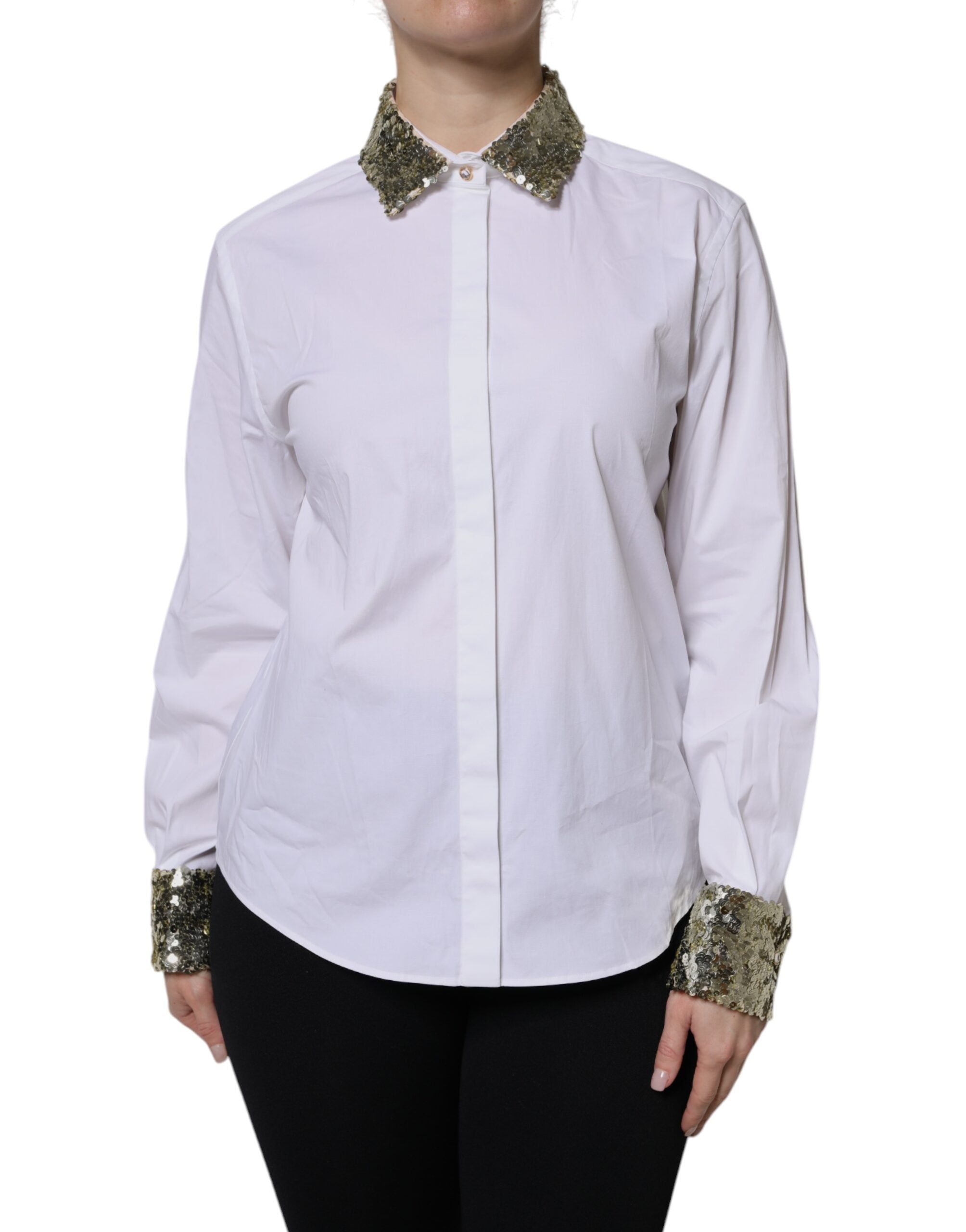 White Cotton Long Sleeves Sequin Shirt Top - ventzia