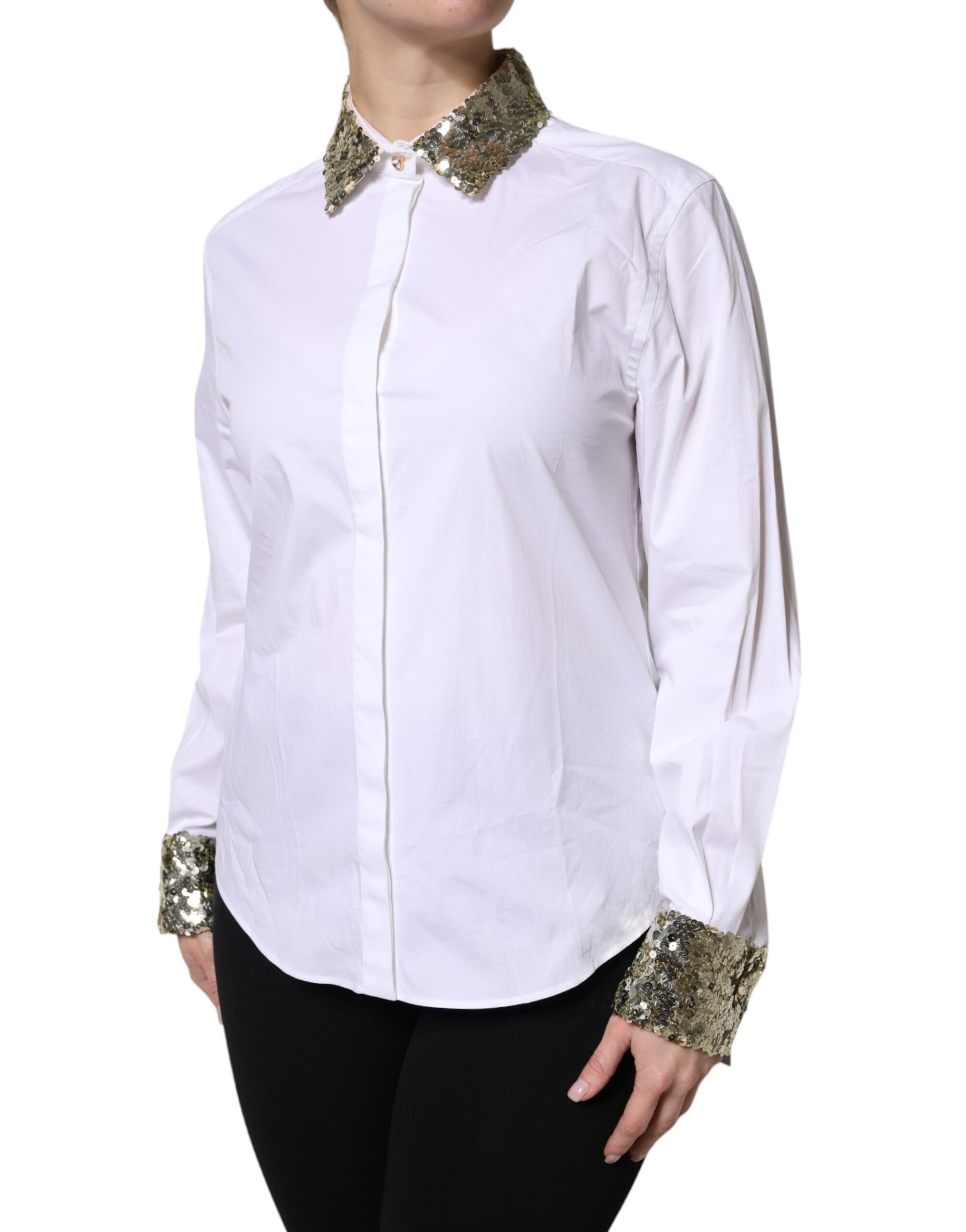 White Cotton Long Sleeves Sequin Shirt Top - ventzia