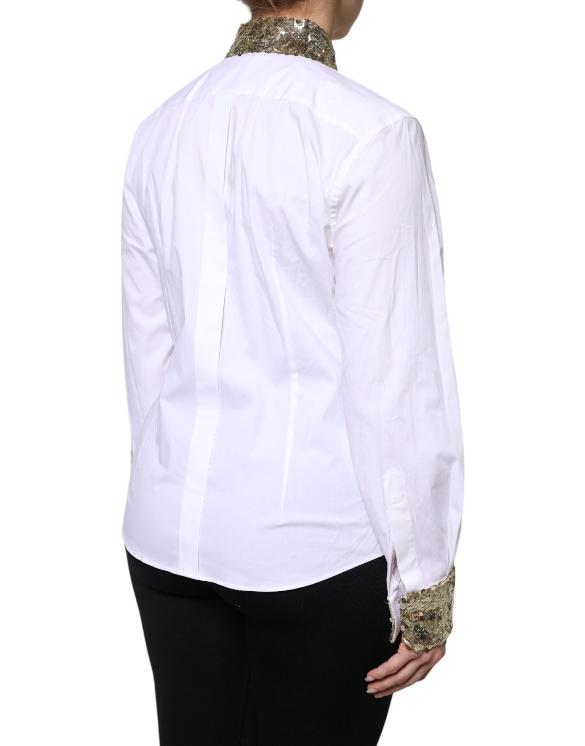 White Cotton Long Sleeves Sequin Shirt Top - ventzia