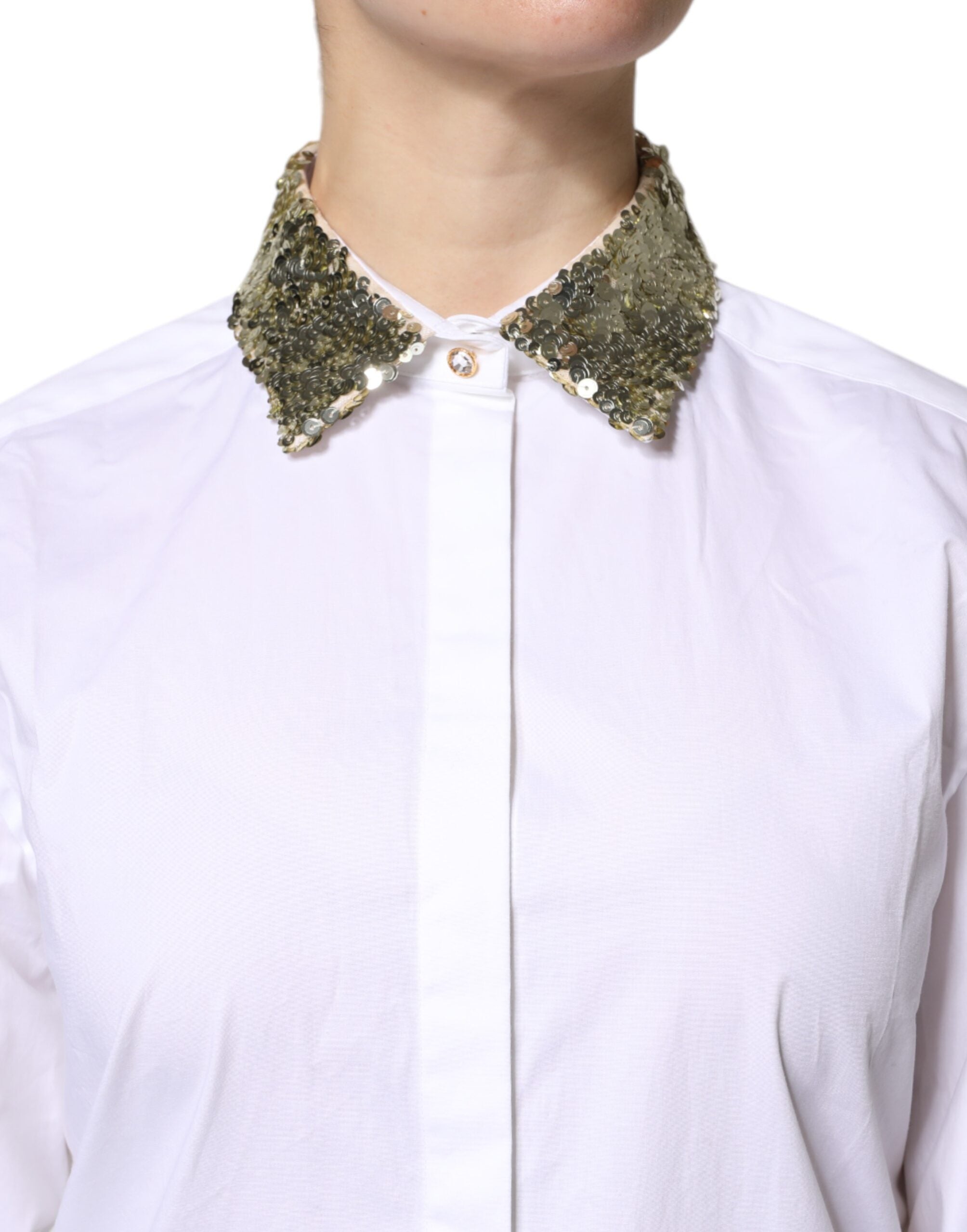 White Cotton Long Sleeves Sequin Shirt Top - ventzia