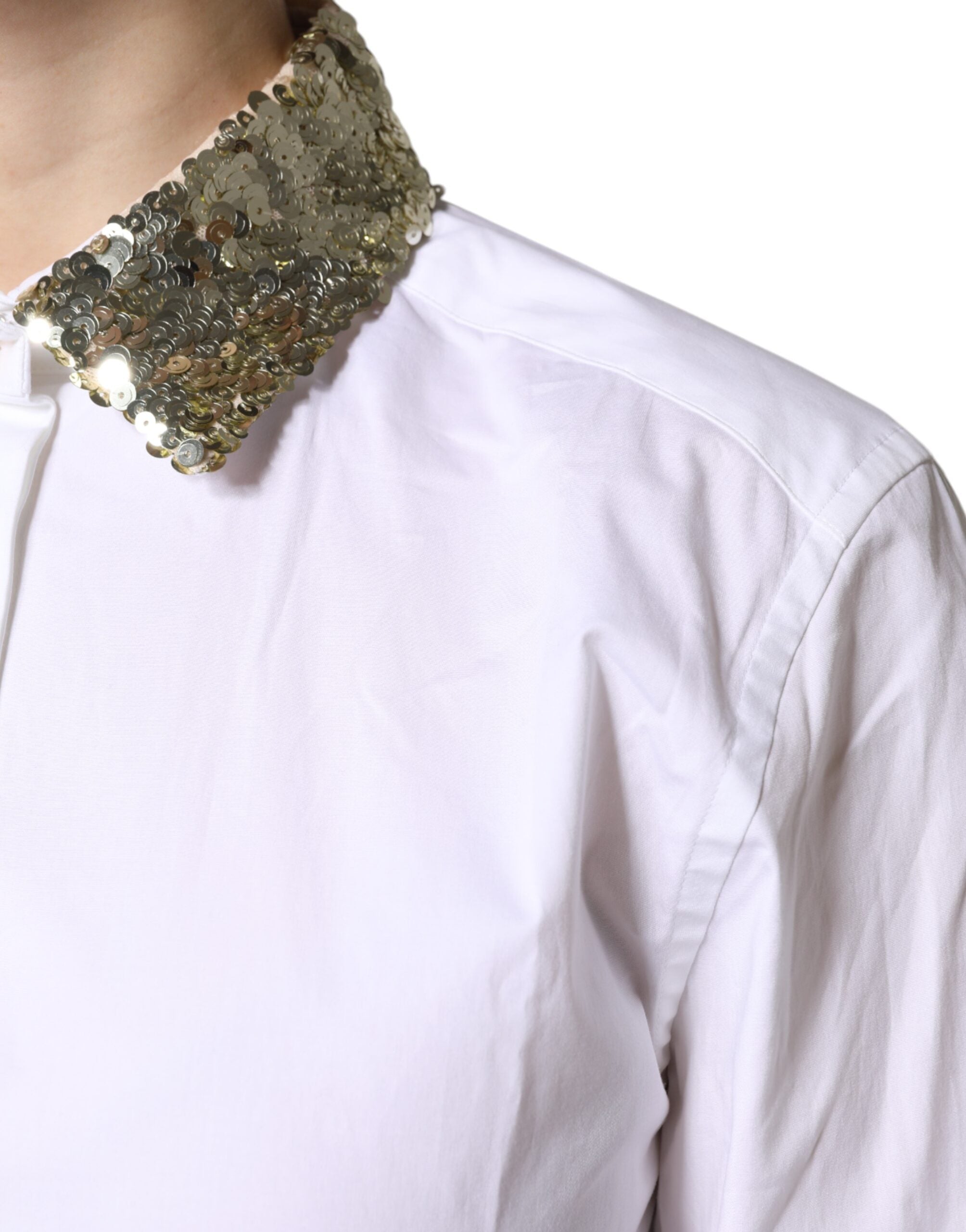 White Cotton Long Sleeves Sequin Shirt Top - ventzia