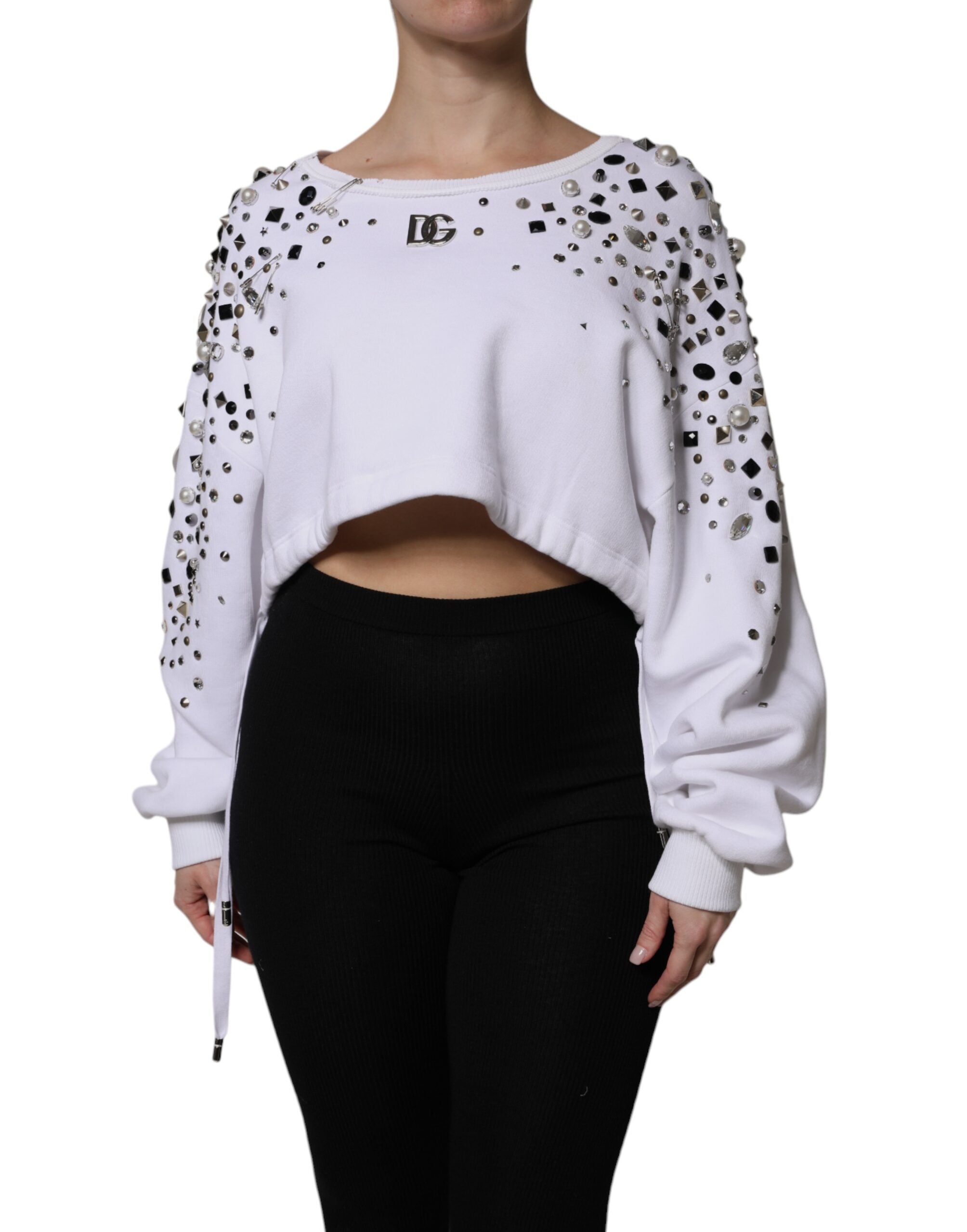 White Embellished Long Sleeve Cropped Sweater - ventzia