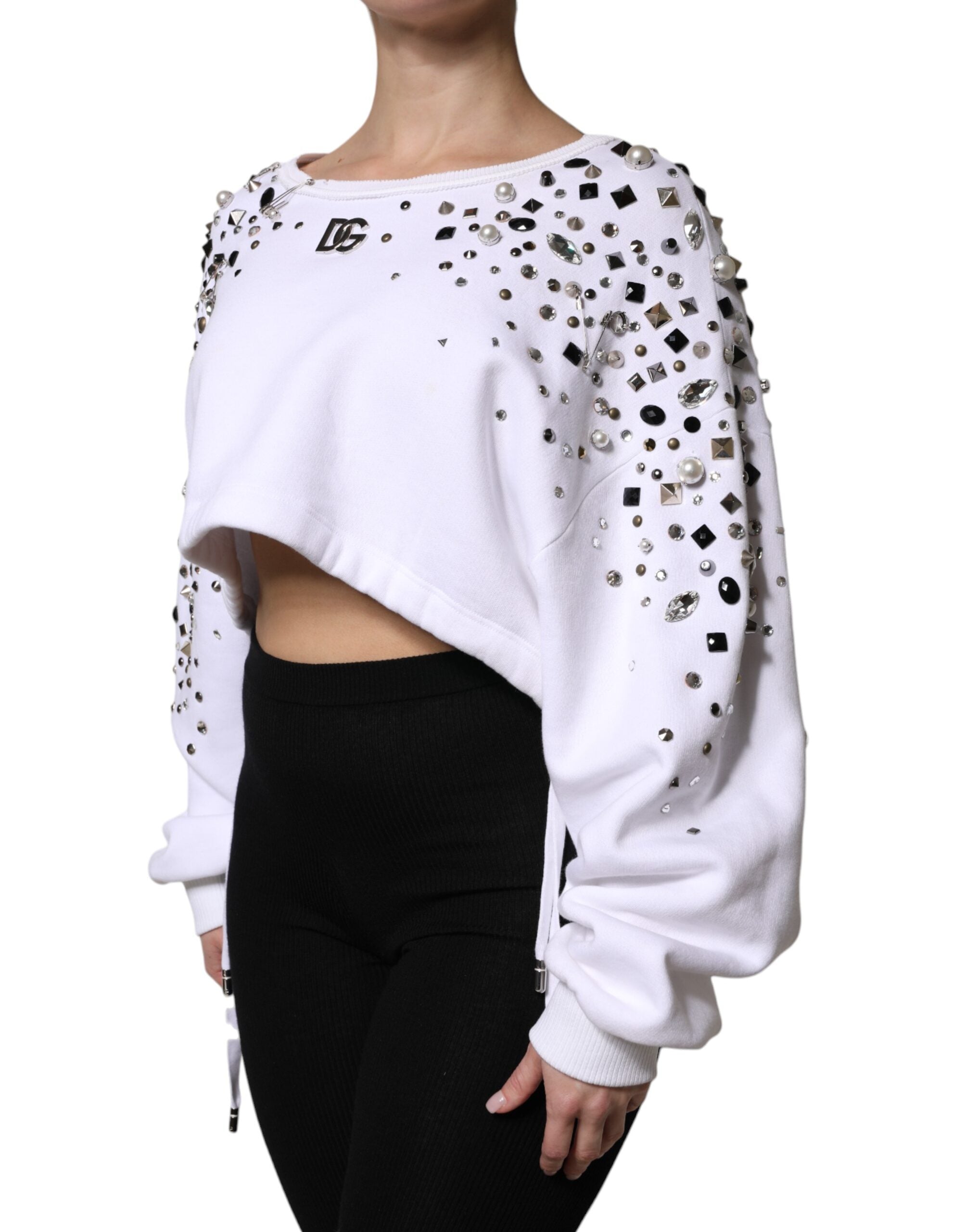 White Embellished Long Sleeve Cropped Sweater - ventzia