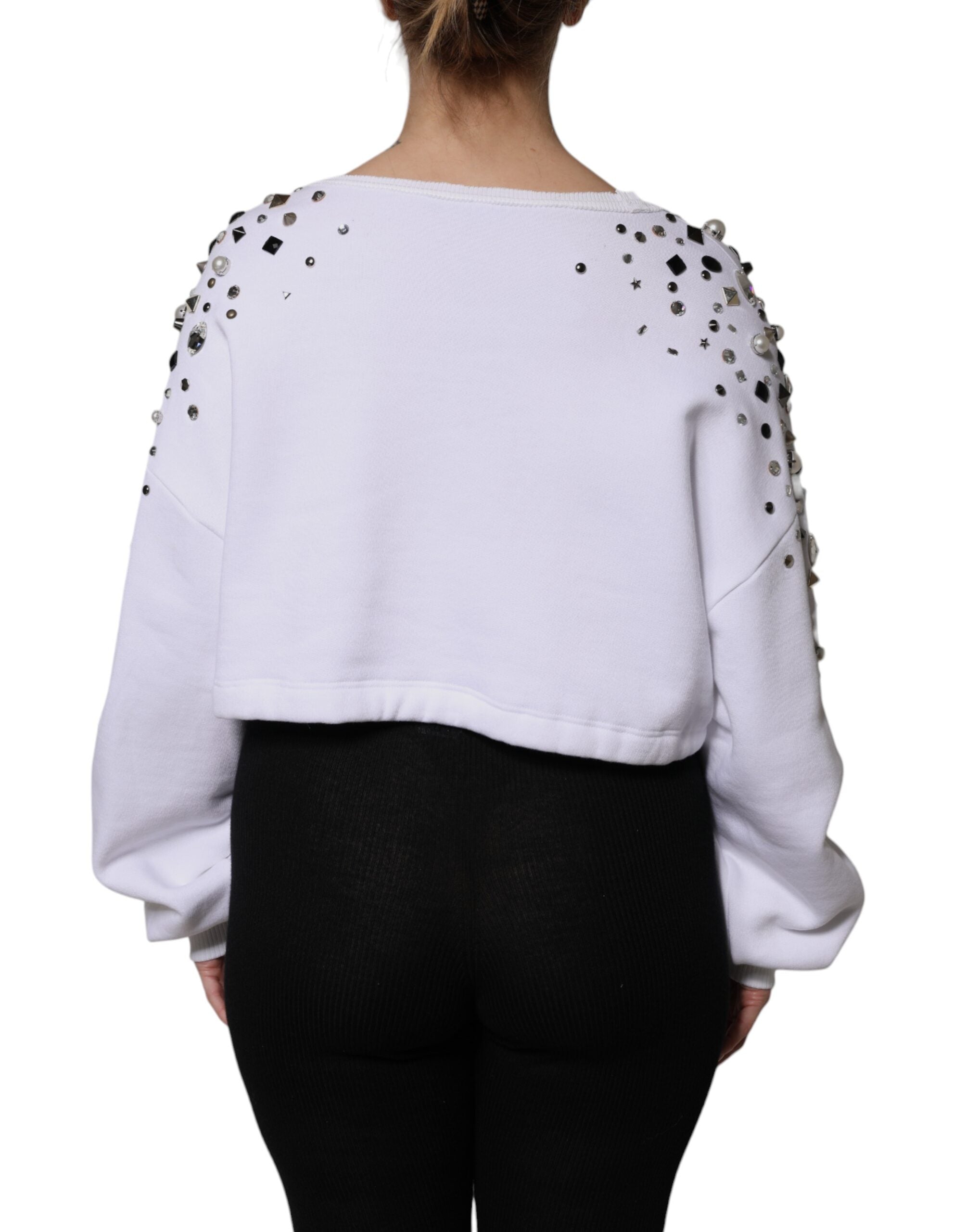 White Embellished Long Sleeve Cropped Sweater - ventzia
