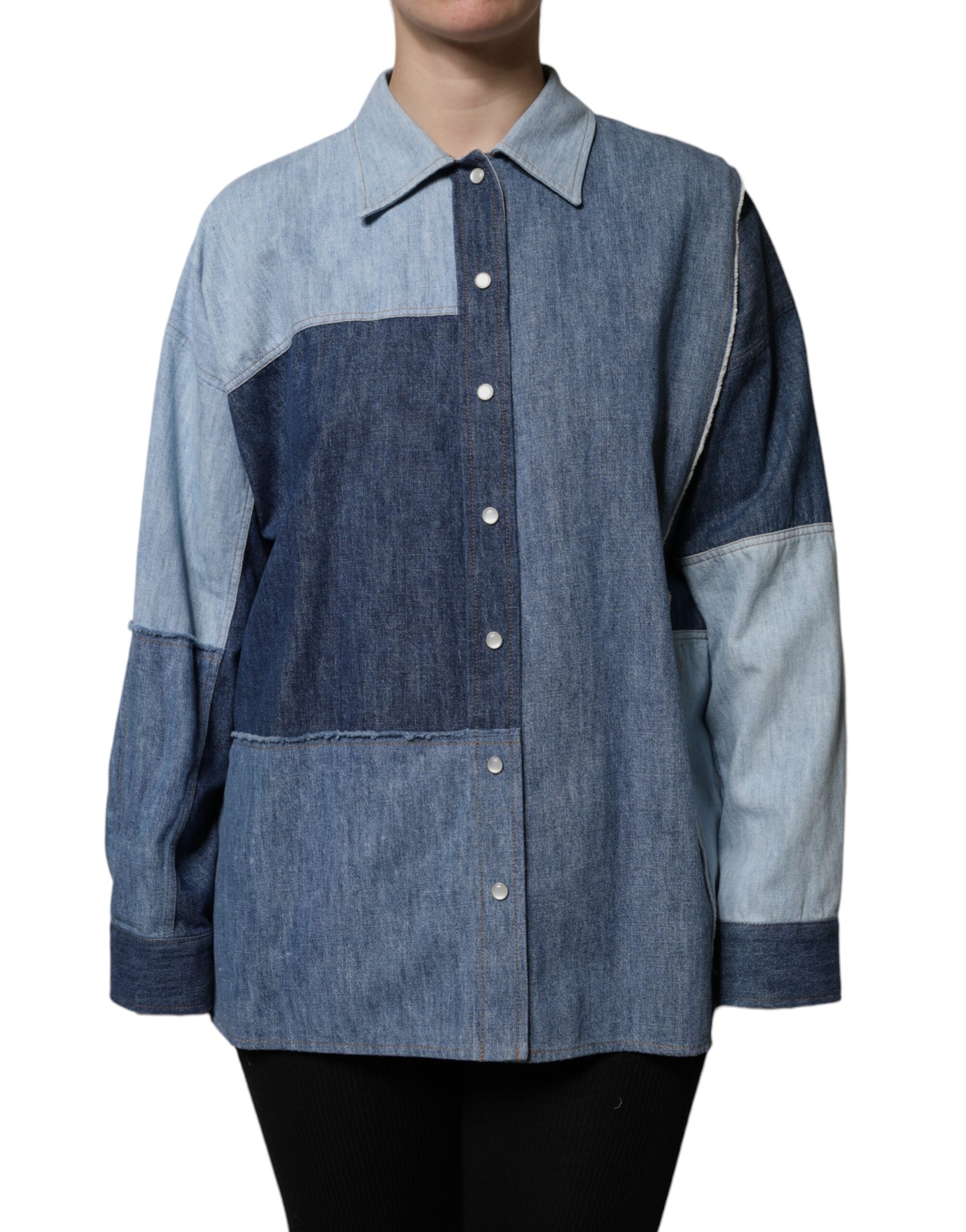 Blue Cotton Button Up Collared Long Sleeve Top - ventzia