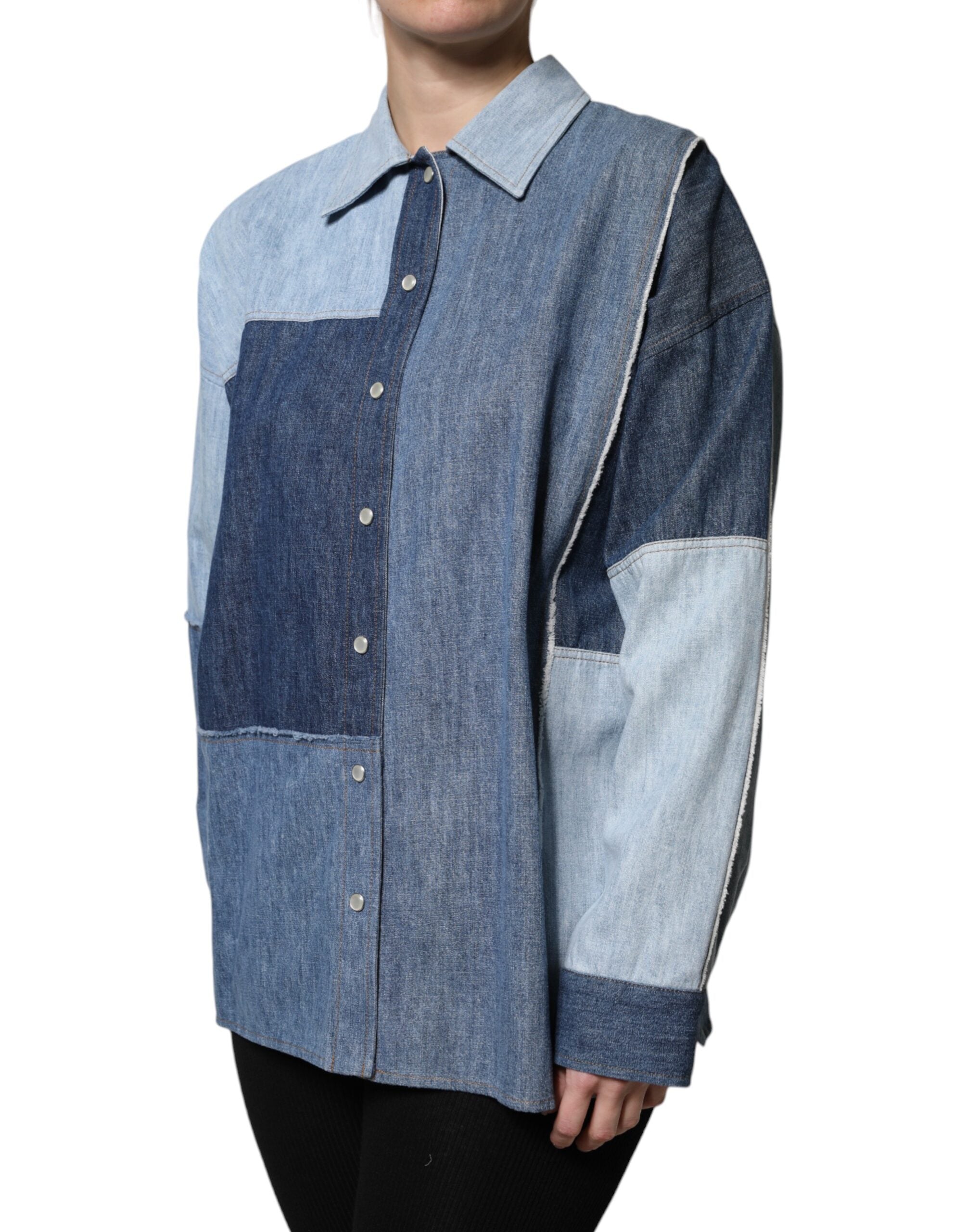 Blue Cotton Button Up Collared Long Sleeve Top - ventzia