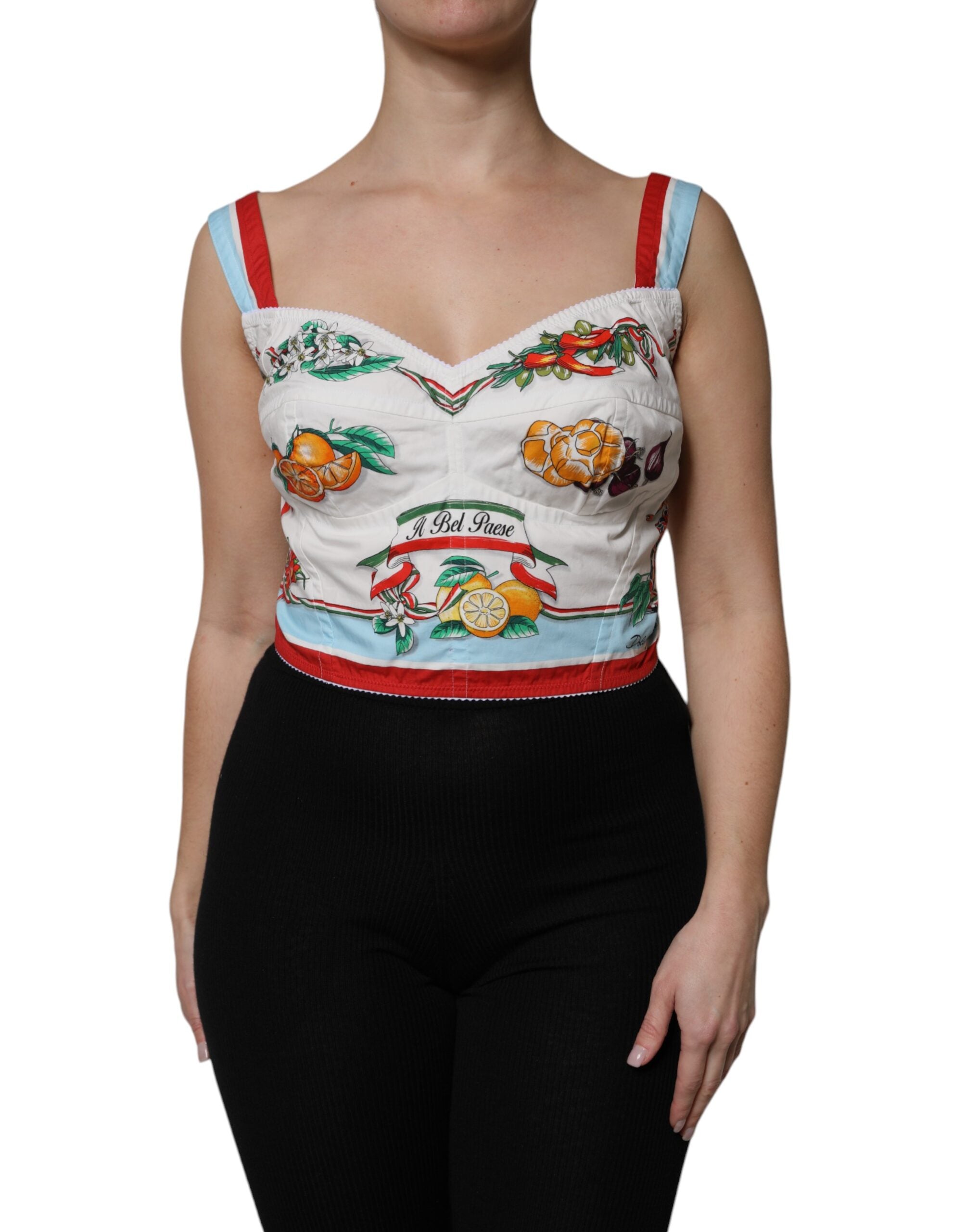 White Vegetable Print Sweetheart Cropped Top - ventzia