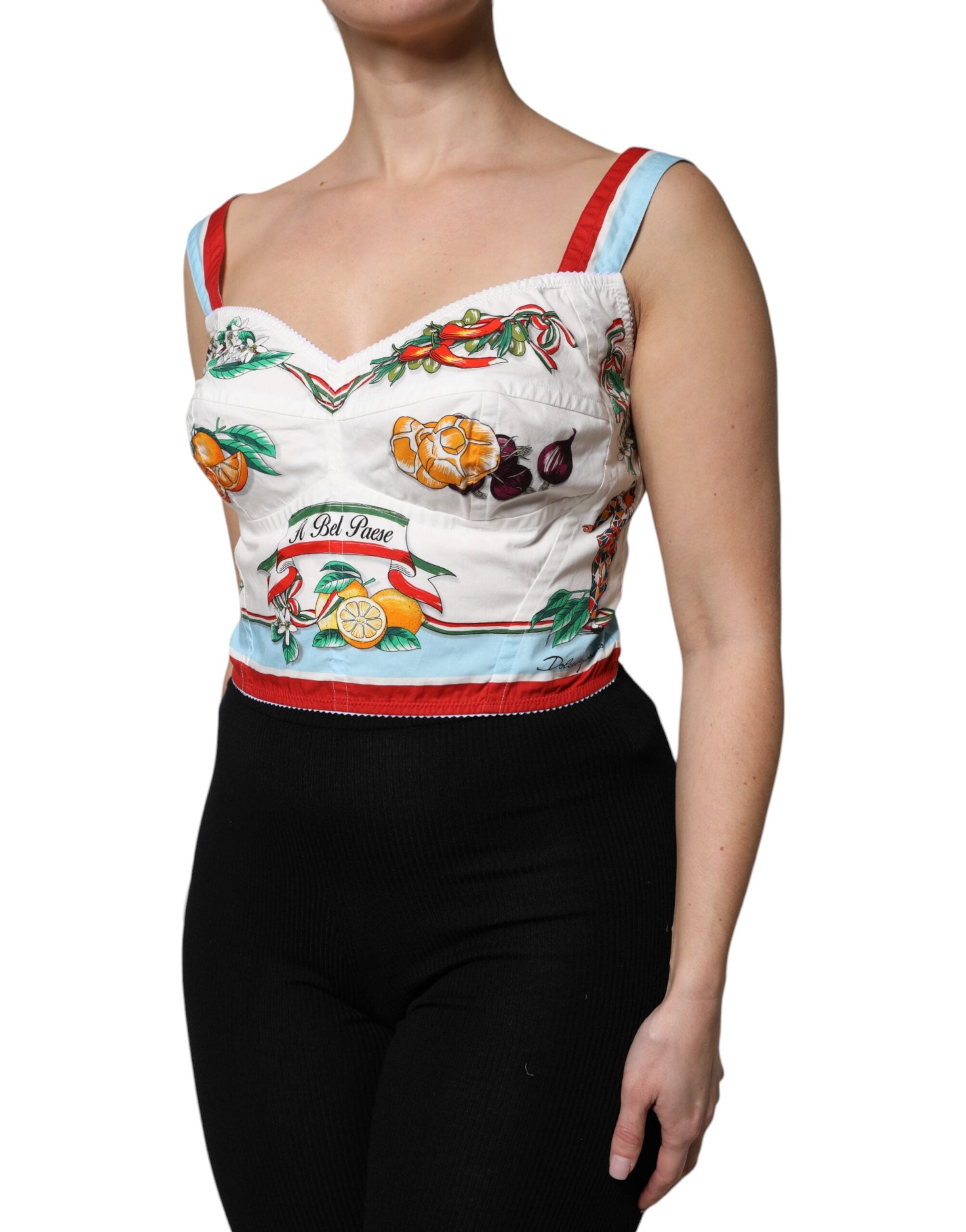 White Vegetable Print Sweetheart Cropped Top - ventzia