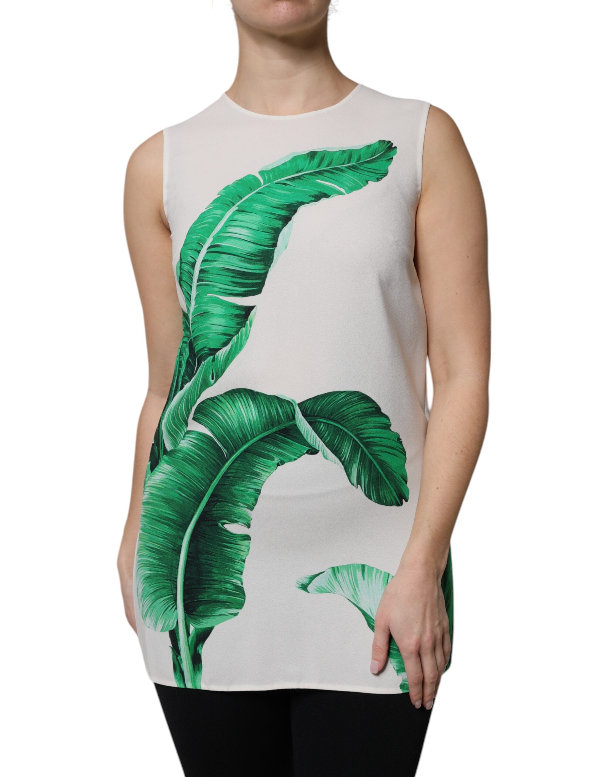 White Banana Leaf Print Round Neck Tank Top - ventzia