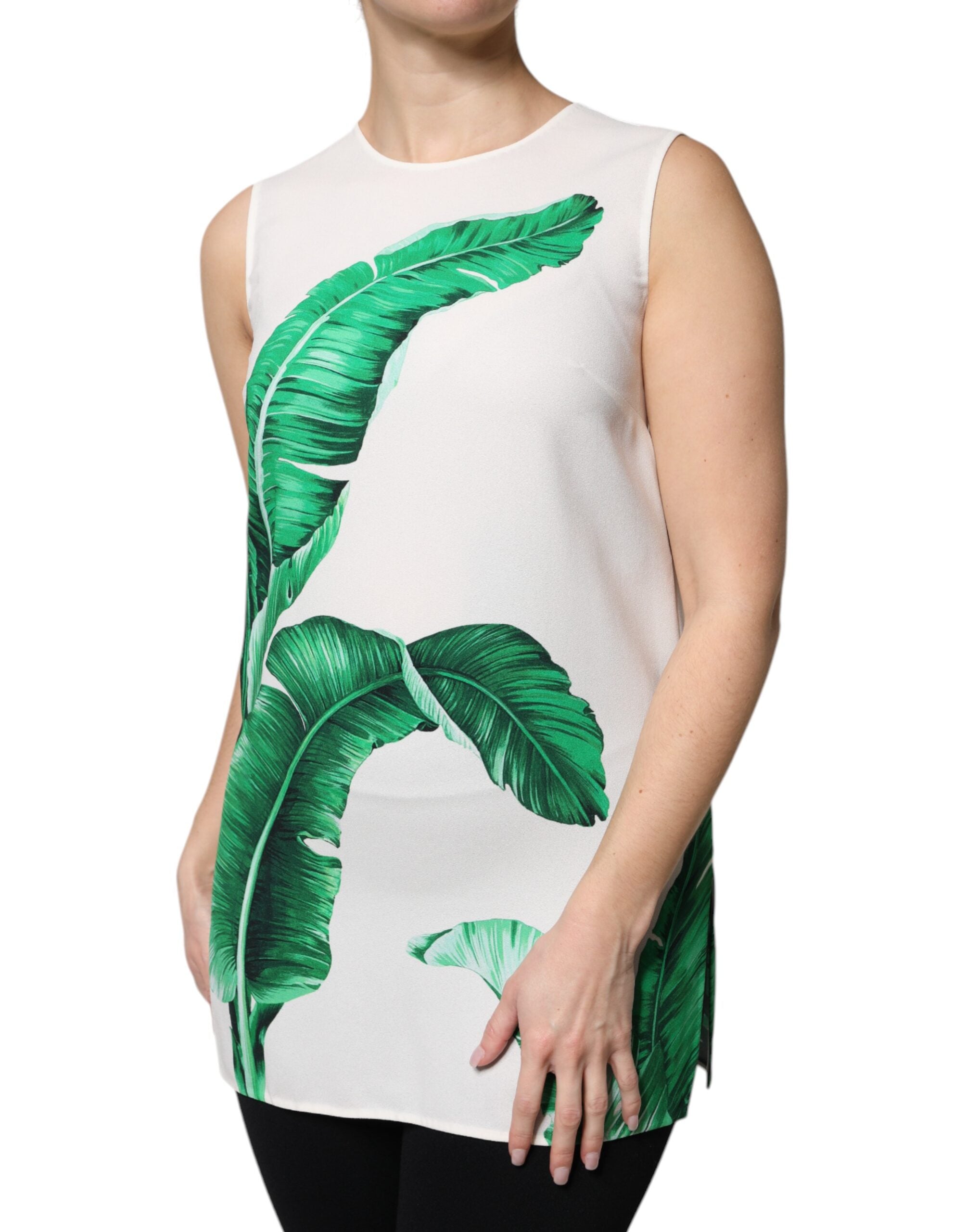 White Banana Leaf Print Round Neck Tank Top - ventzia