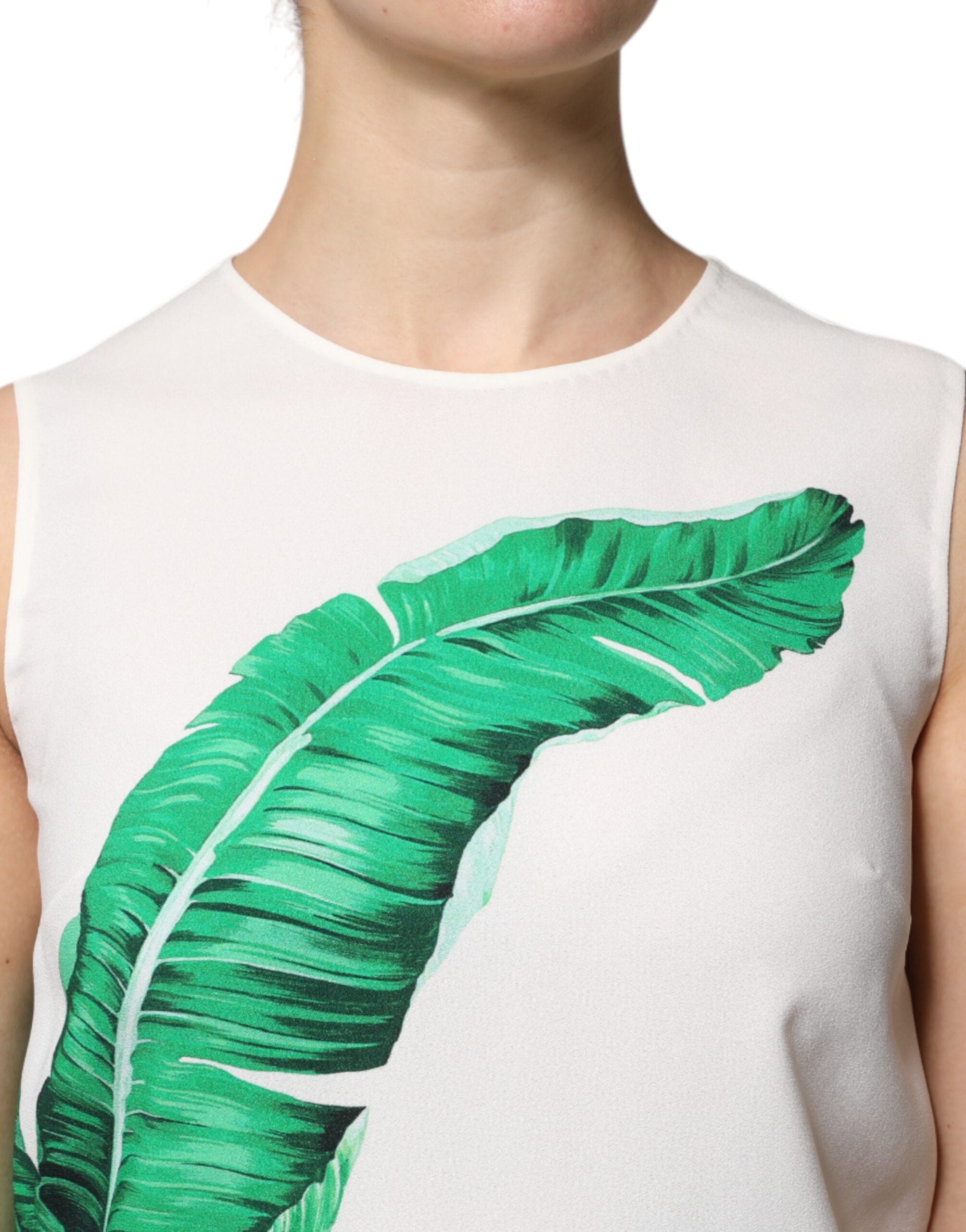 White Banana Leaf Print Round Neck Tank Top - ventzia