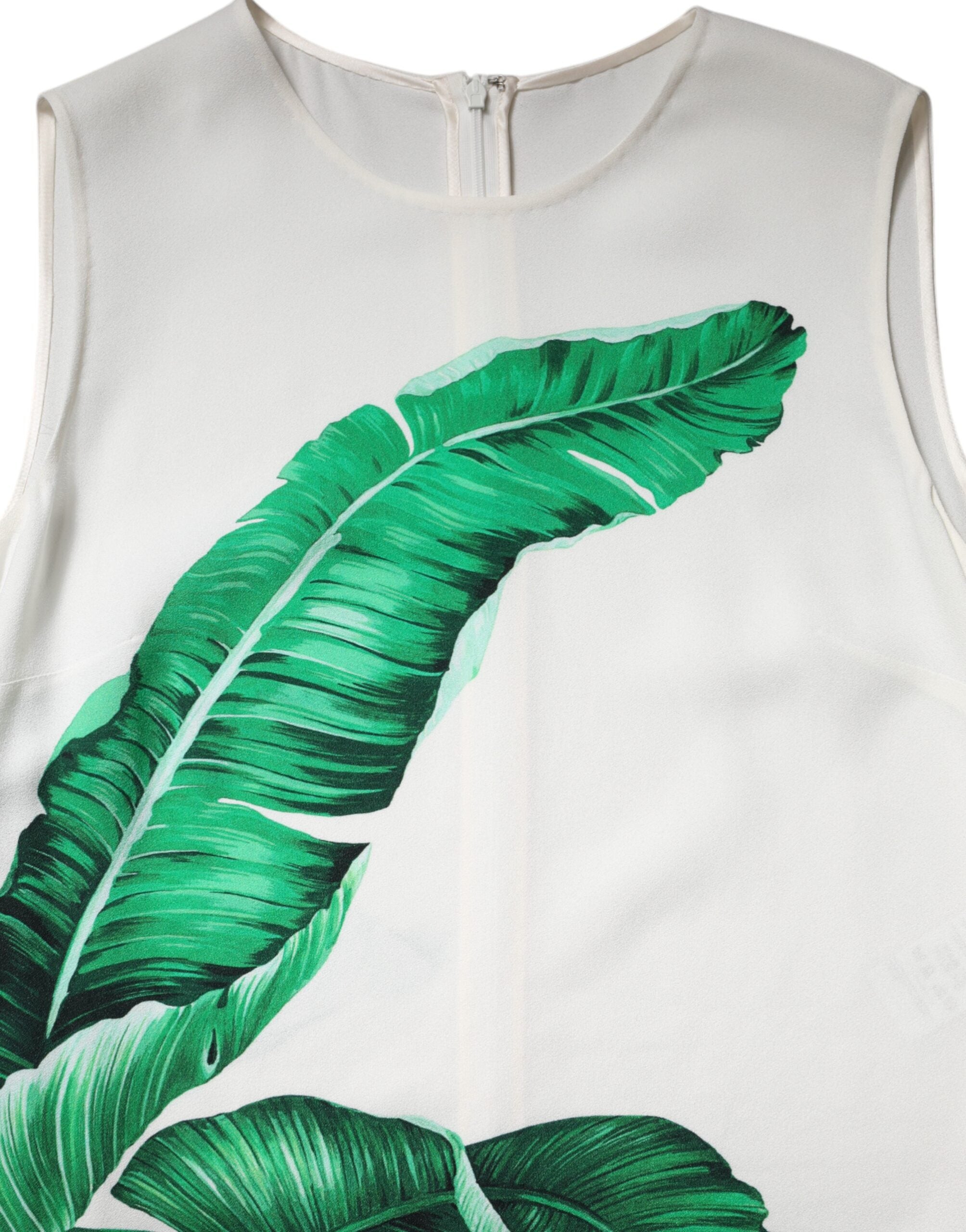 White Banana Leaf Print Round Neck Tank Top - ventzia