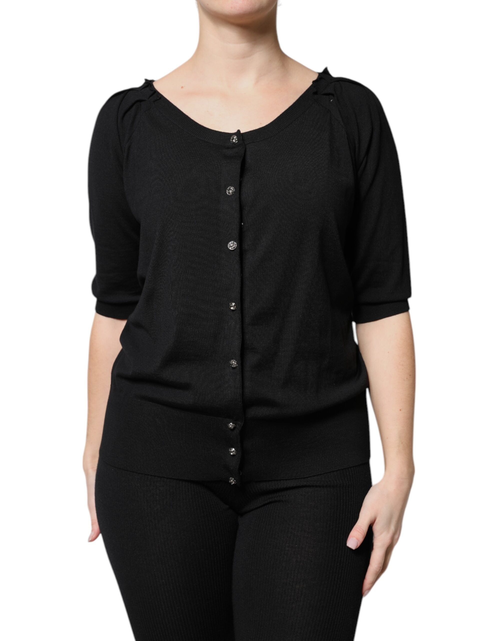 Black Button Down Short Sleeve Blouse Top - ventzia