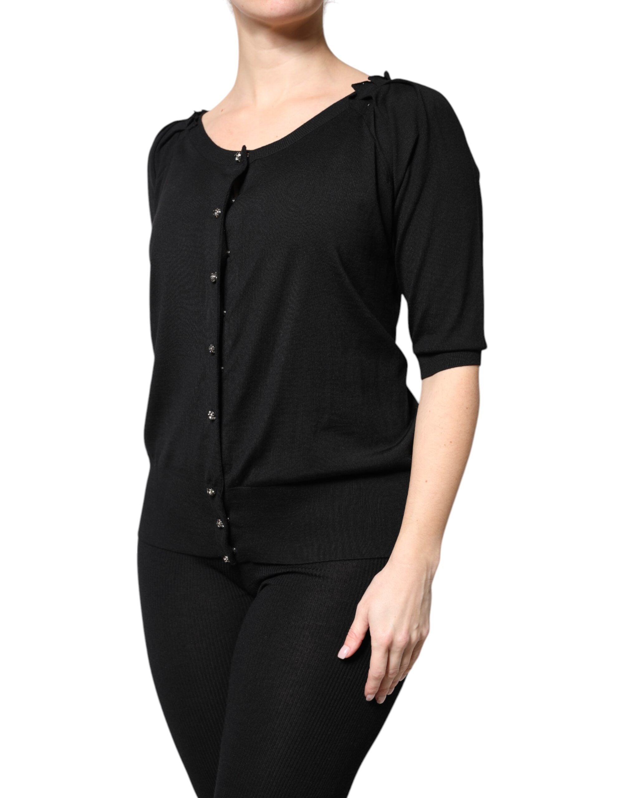 Black Button Down Short Sleeve Blouse Top - ventzia