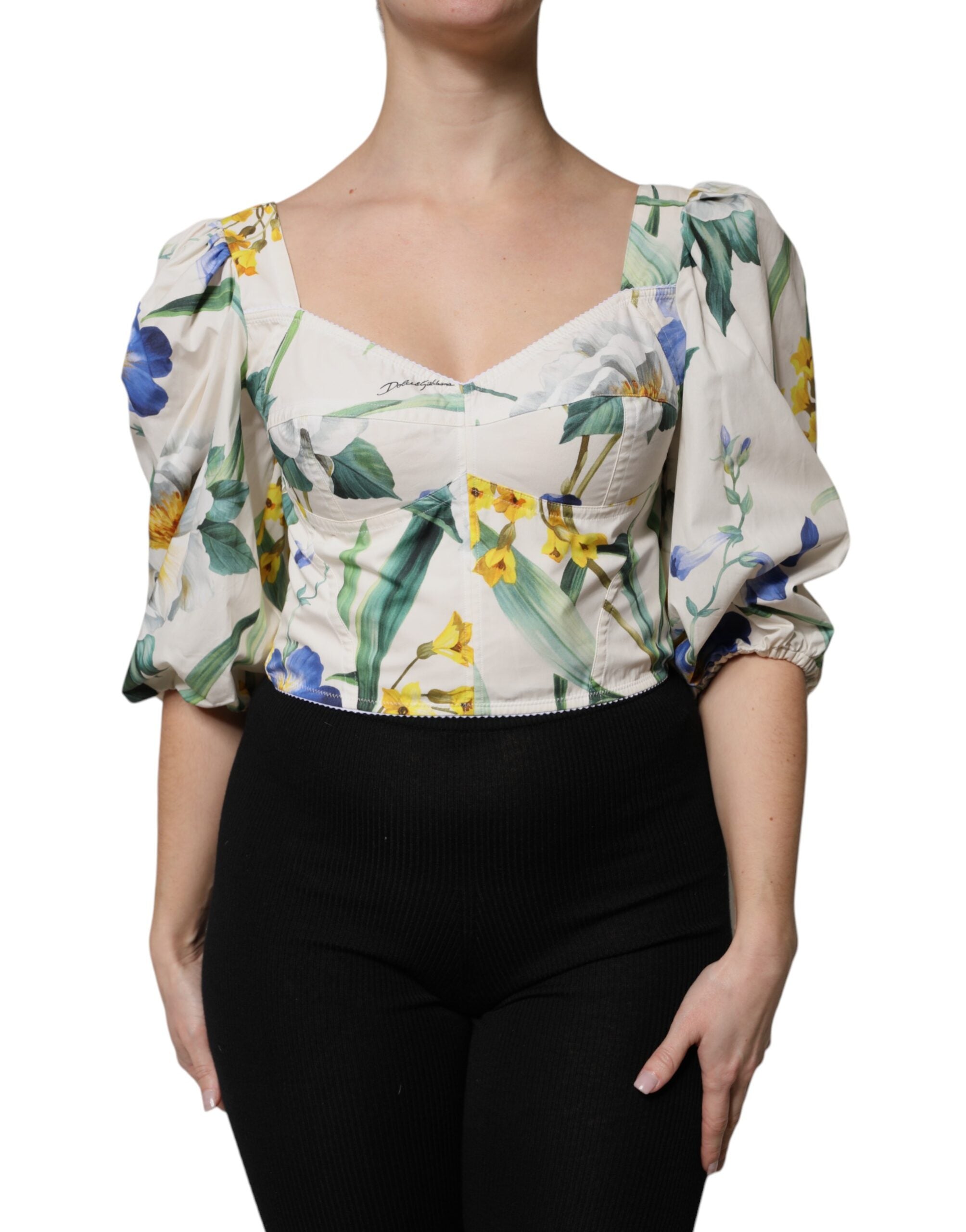 White Floral Puff Sleeves Crop Blouse Top - ventzia