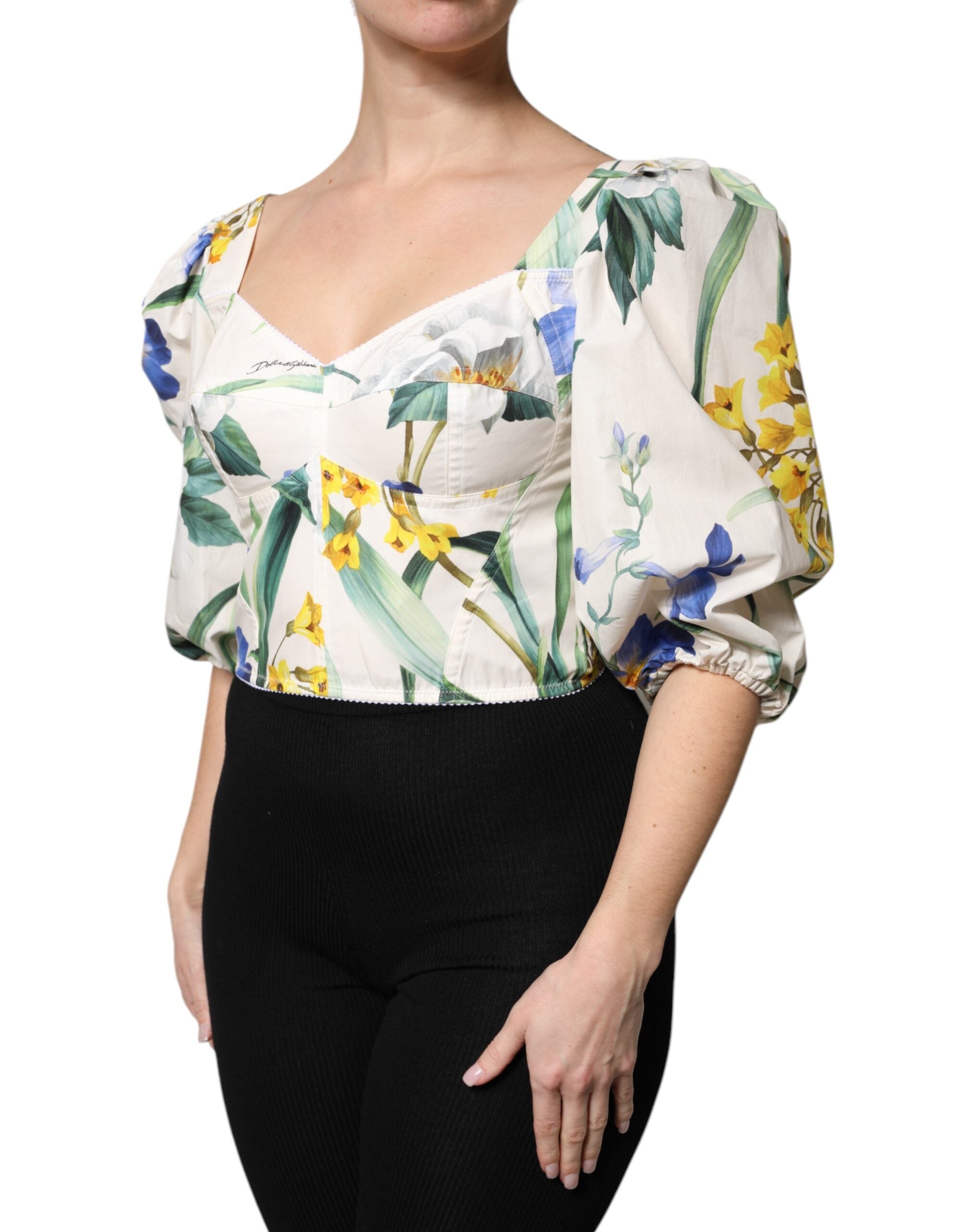 White Floral Puff Sleeves Crop Blouse Top - ventzia