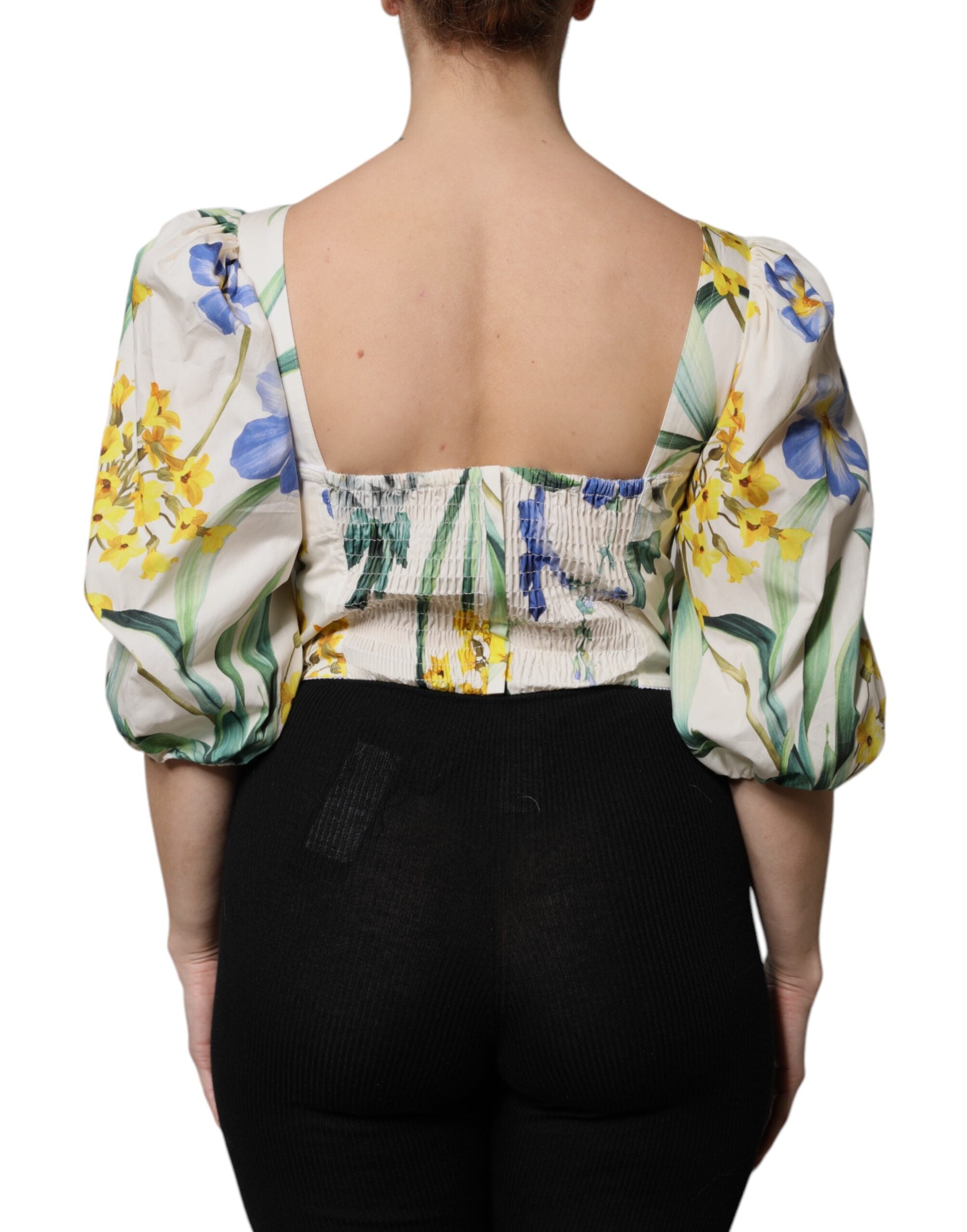 White Floral Puff Sleeves Crop Blouse Top - ventzia