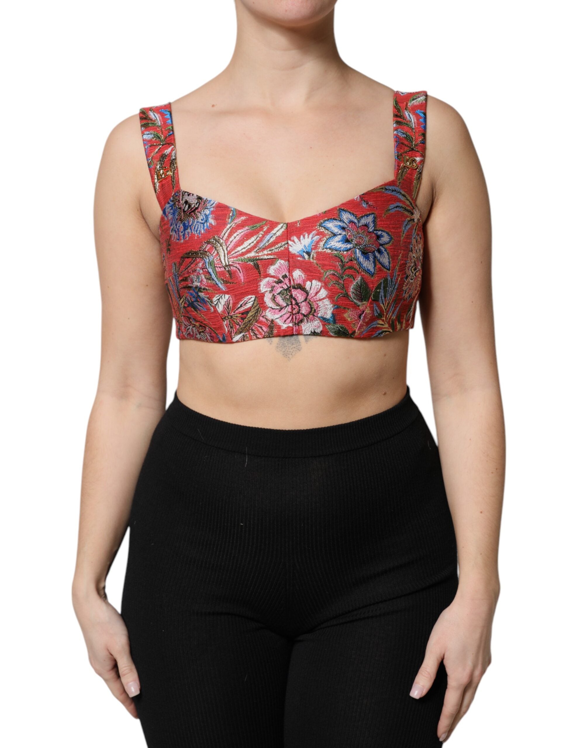 Red Floral Brocade Cropped Bustier Corset Top - ventzia