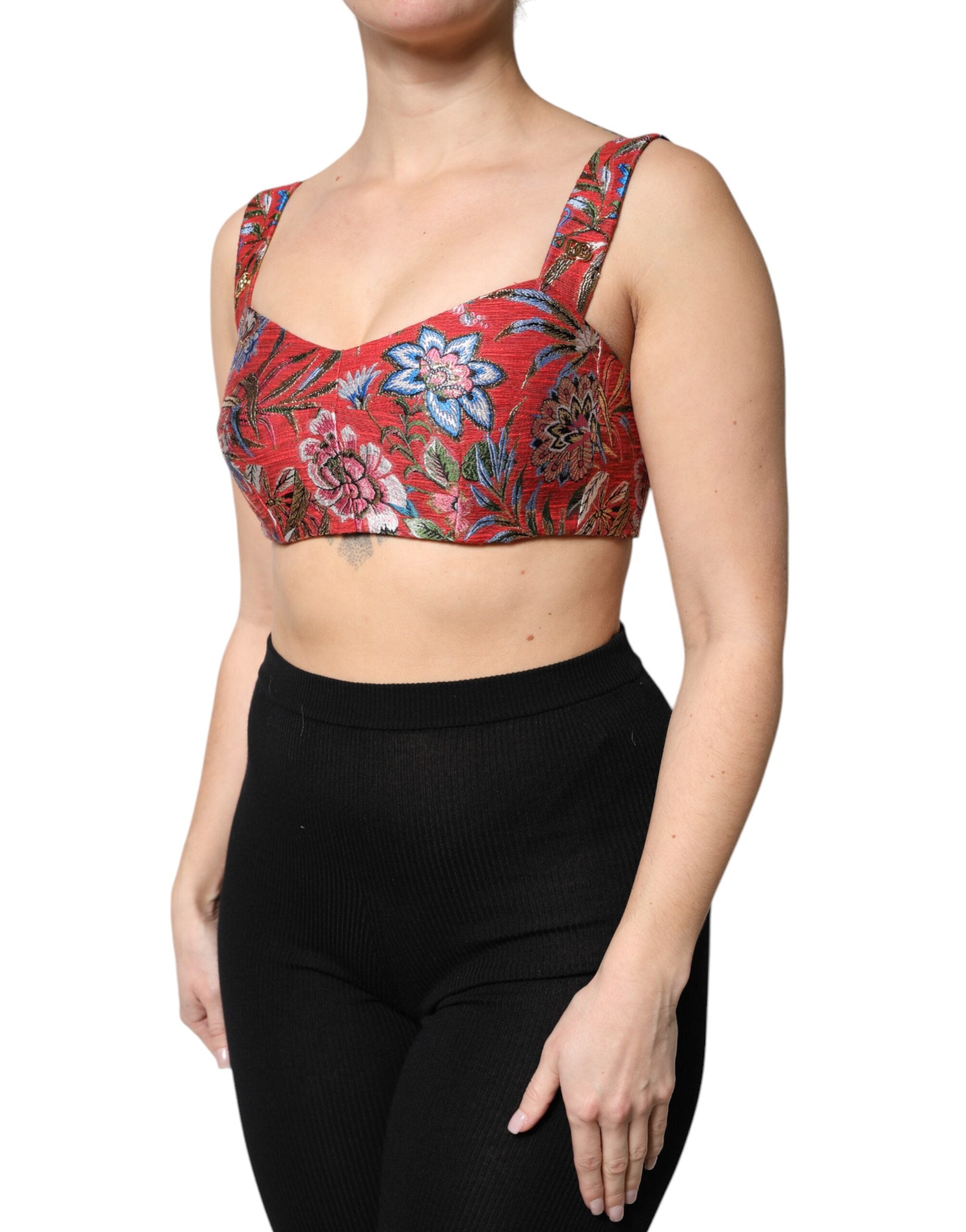 Red Floral Brocade Cropped Bustier Corset Top - ventzia