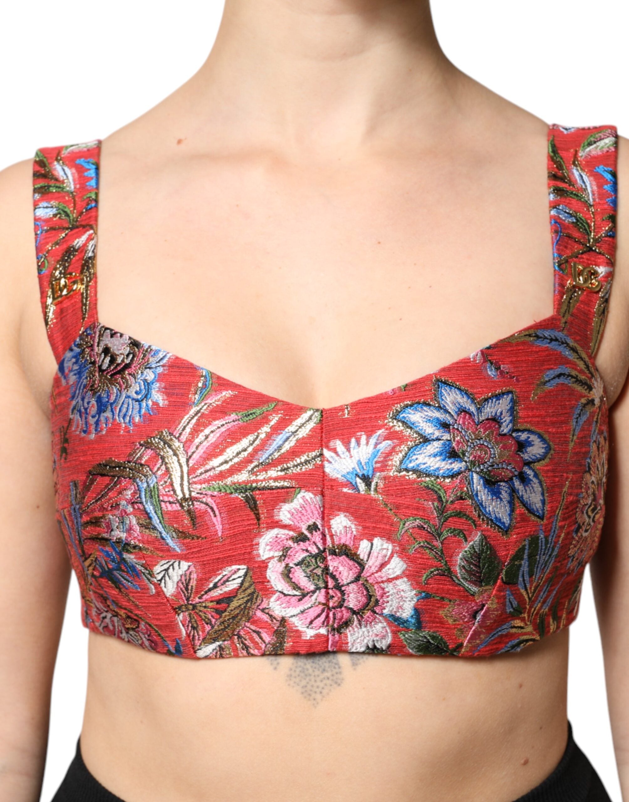 Red Floral Brocade Cropped Bustier Corset Top - ventzia