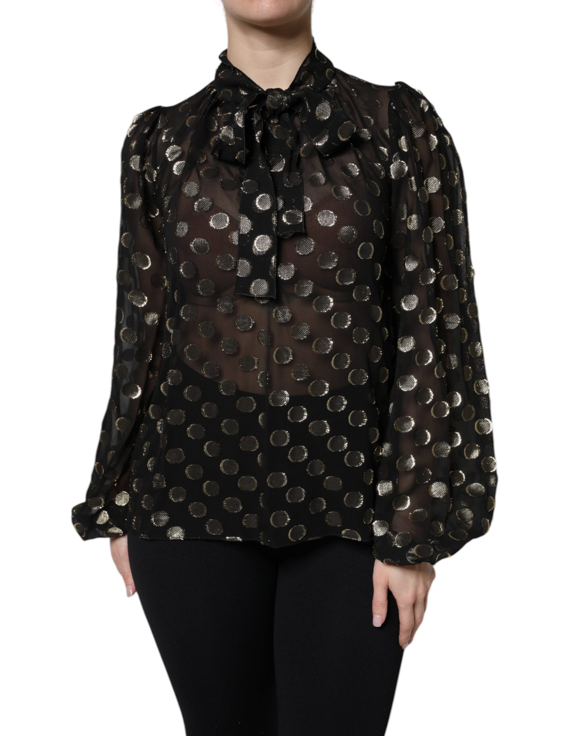 Black Sheer Tied Neck Polka Dots Blouse Top - ventzia