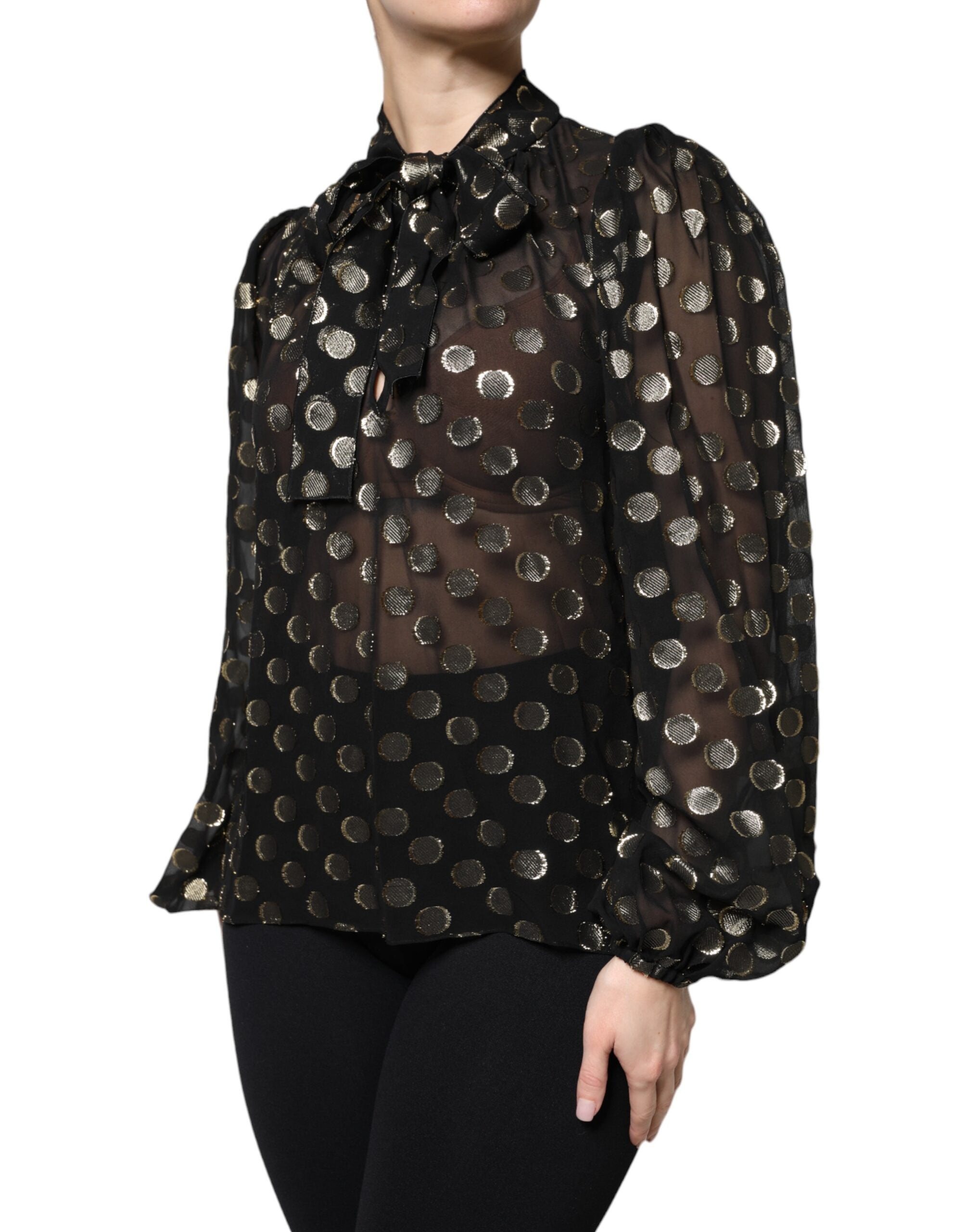 Black Sheer Tied Neck Polka Dots Blouse Top - ventzia