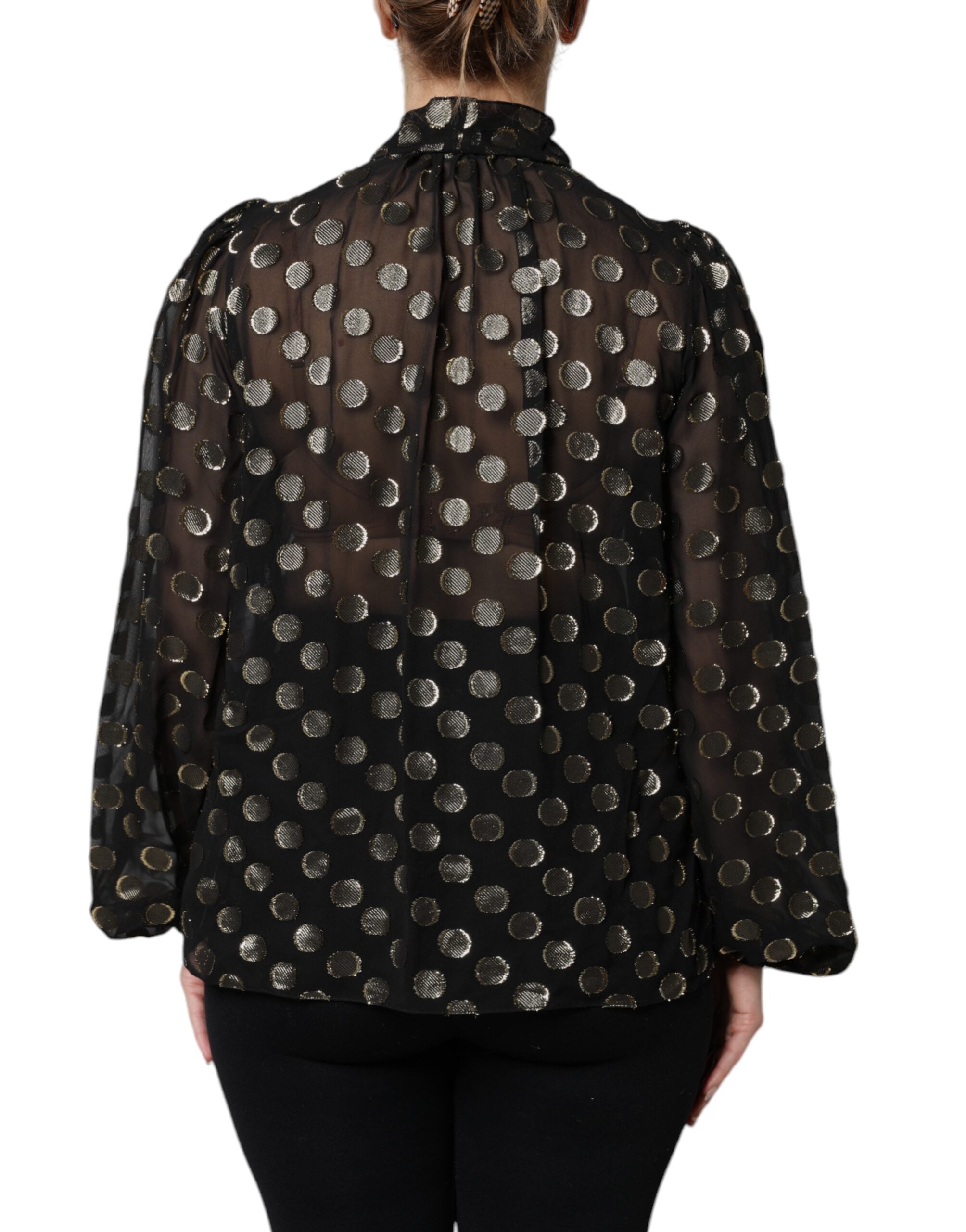 Black Sheer Tied Neck Polka Dots Blouse Top - ventzia