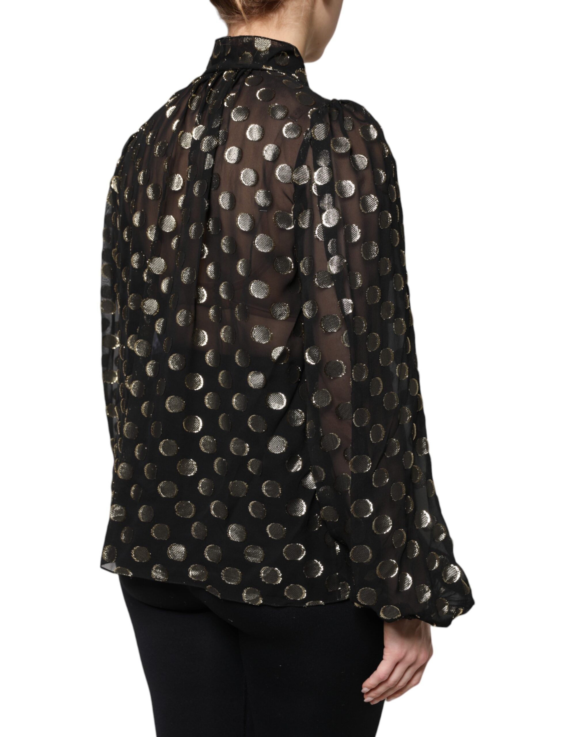 Black Sheer Tied Neck Polka Dots Blouse Top - ventzia