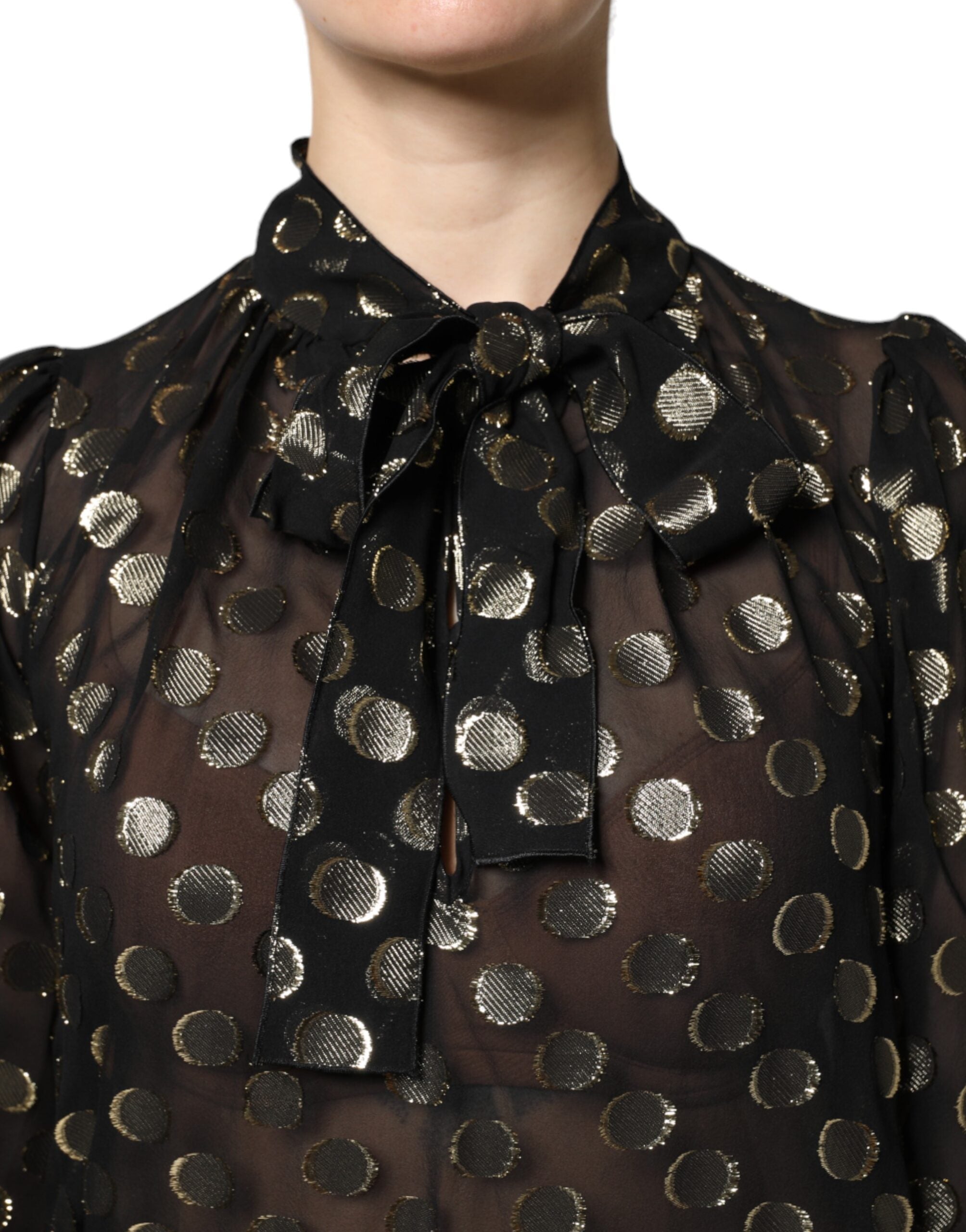 Black Sheer Tied Neck Polka Dots Blouse Top - ventzia