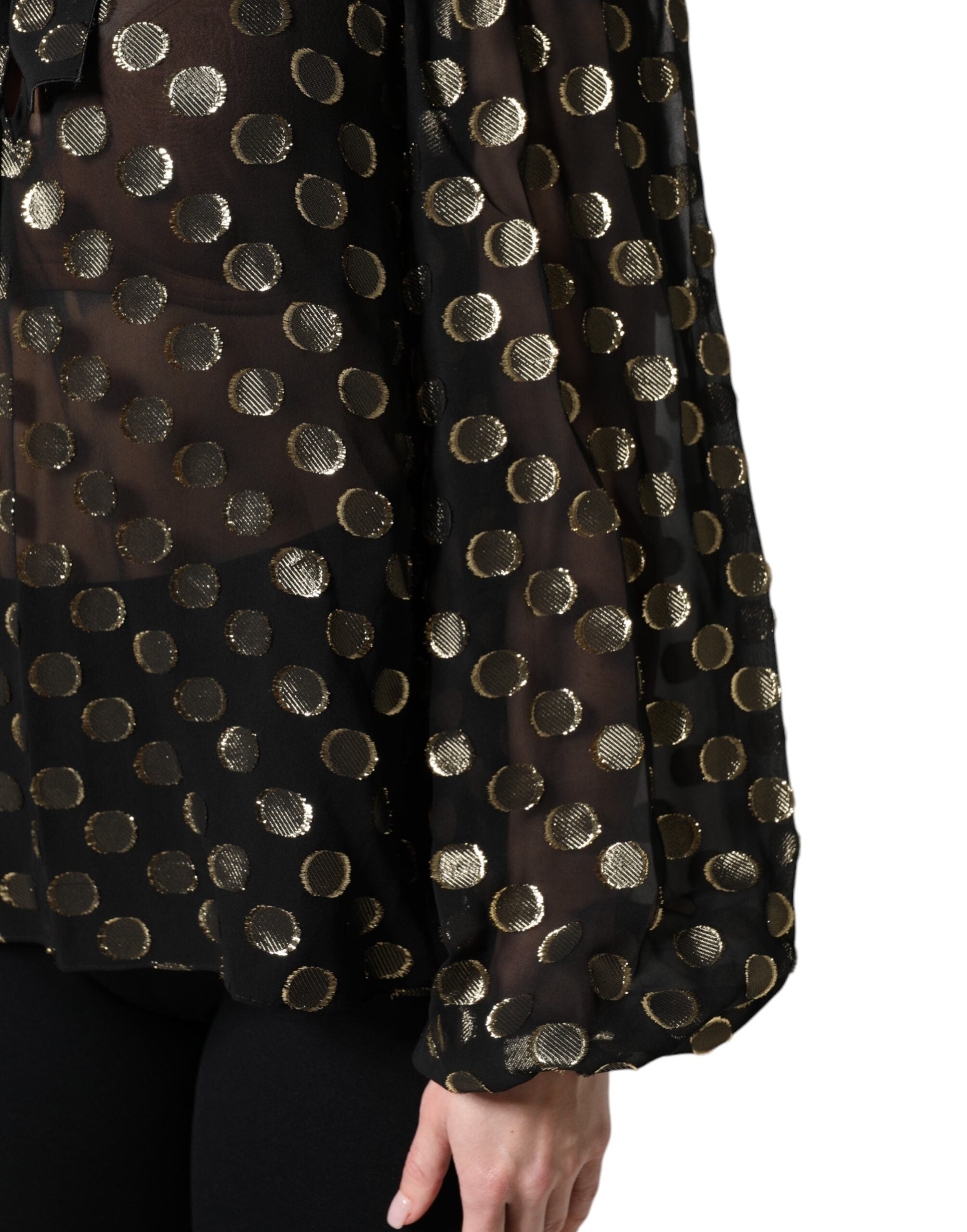 Black Sheer Tied Neck Polka Dots Blouse Top - ventzia