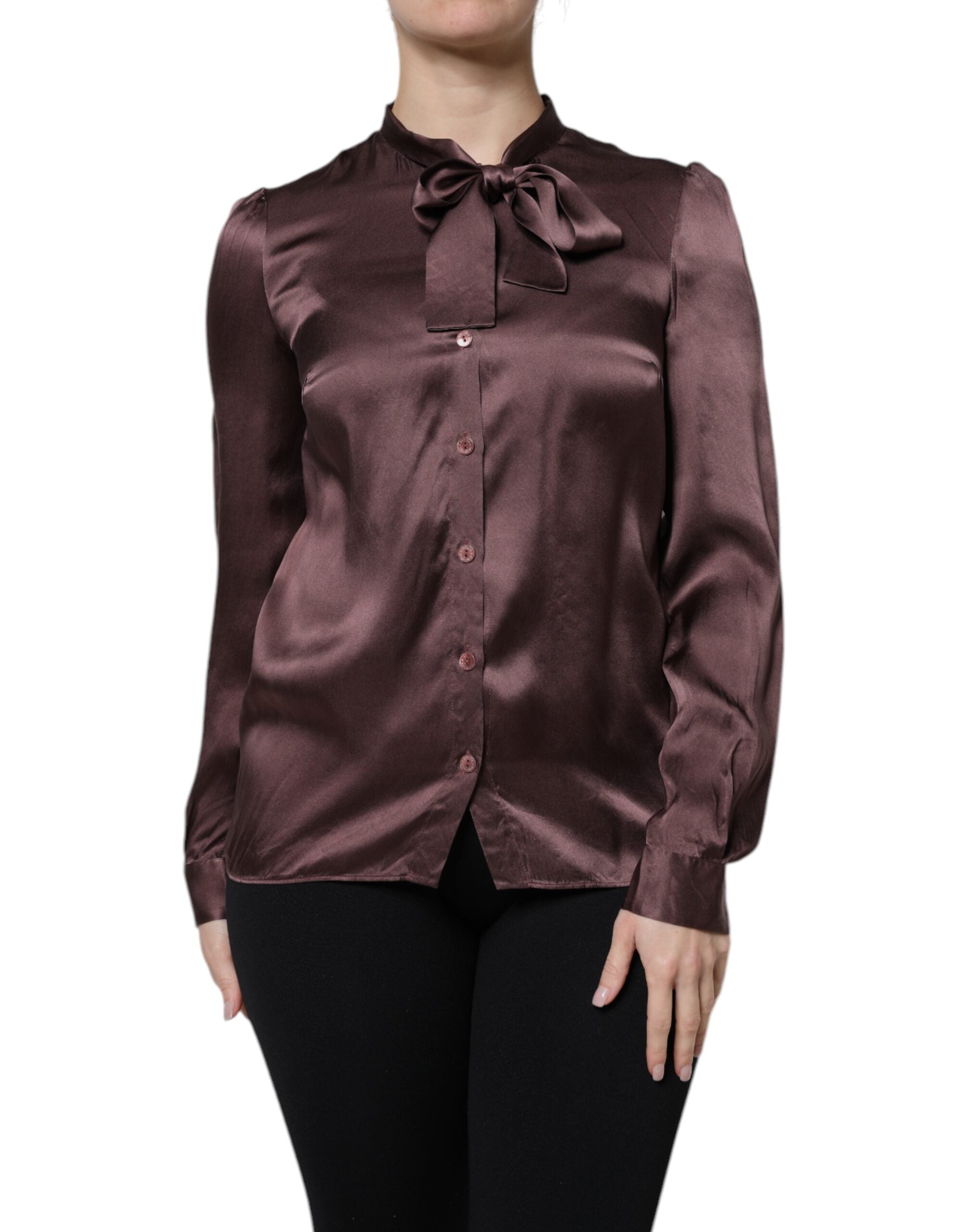 Brown Ascot Collar Long Sleeve Blouse Top - ventzia