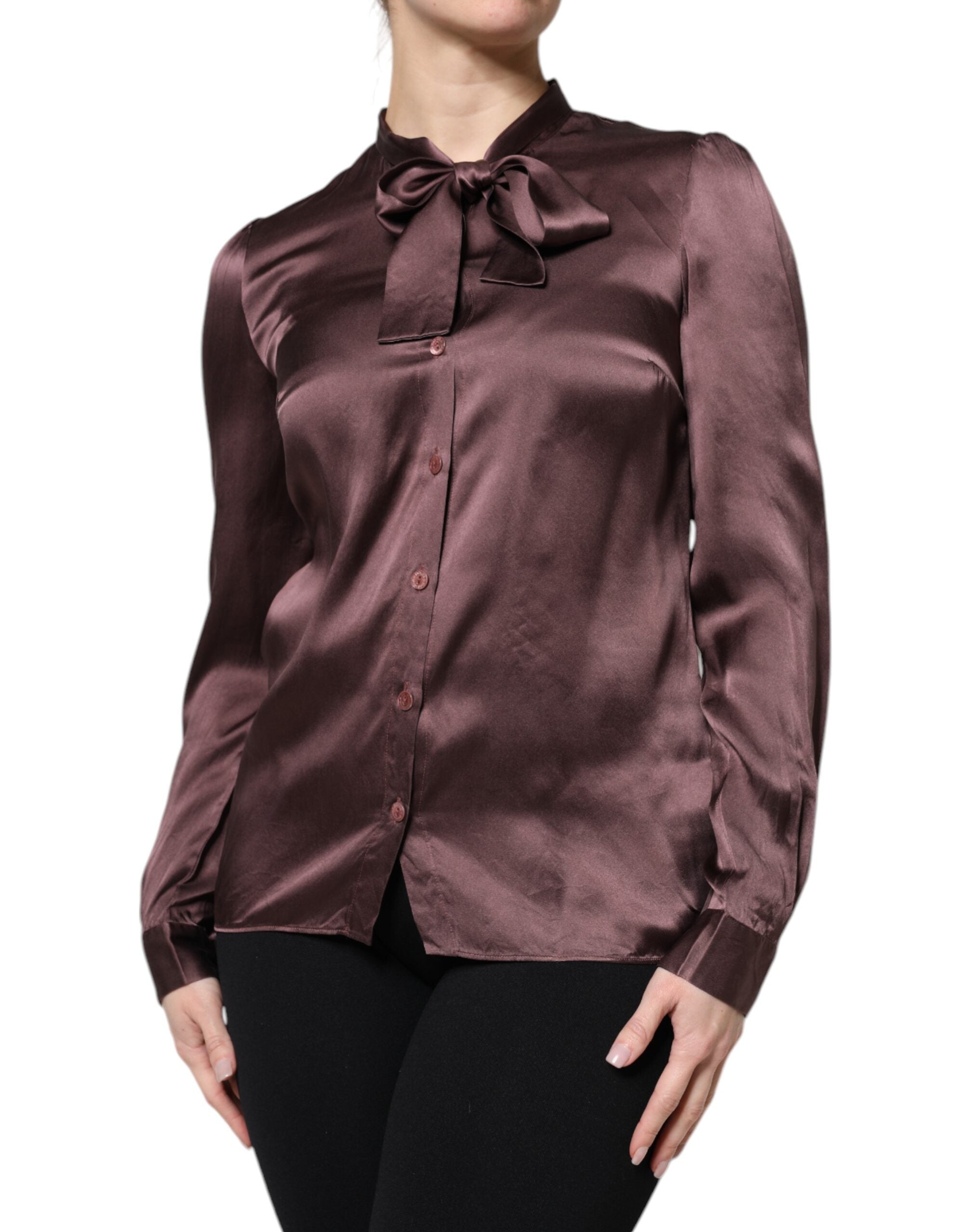 Brown Ascot Collar Long Sleeve Blouse Top - ventzia