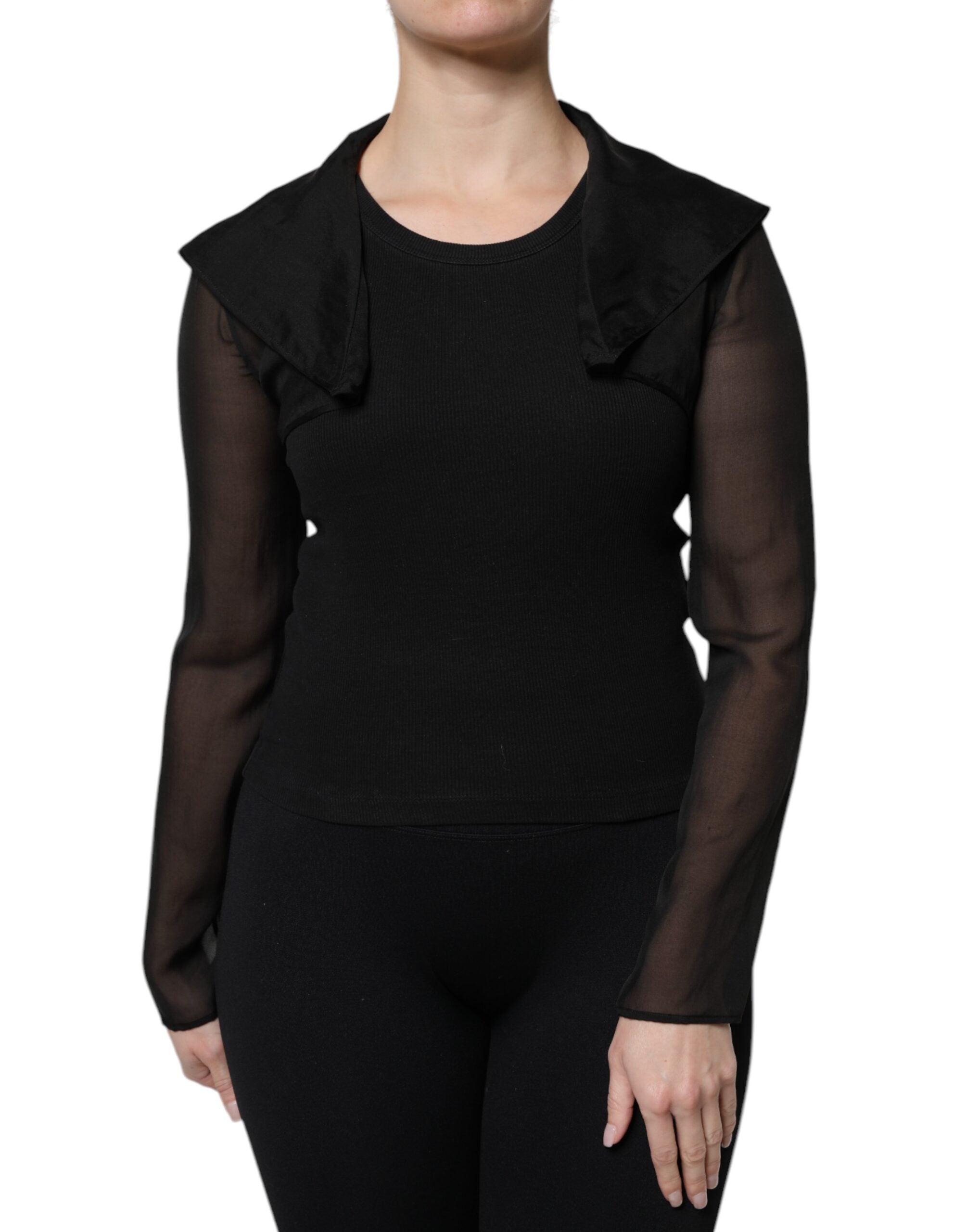 Black Silk Sheer Long Sleeves Blouse Top - ventzia