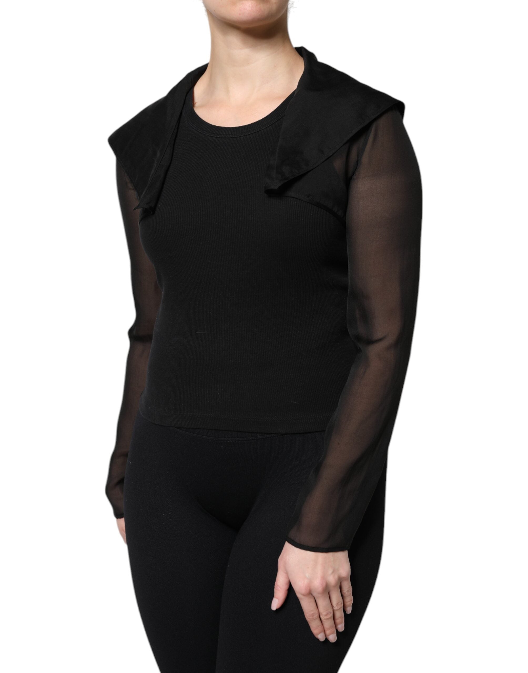 Black Silk Sheer Long Sleeves Blouse Top - ventzia