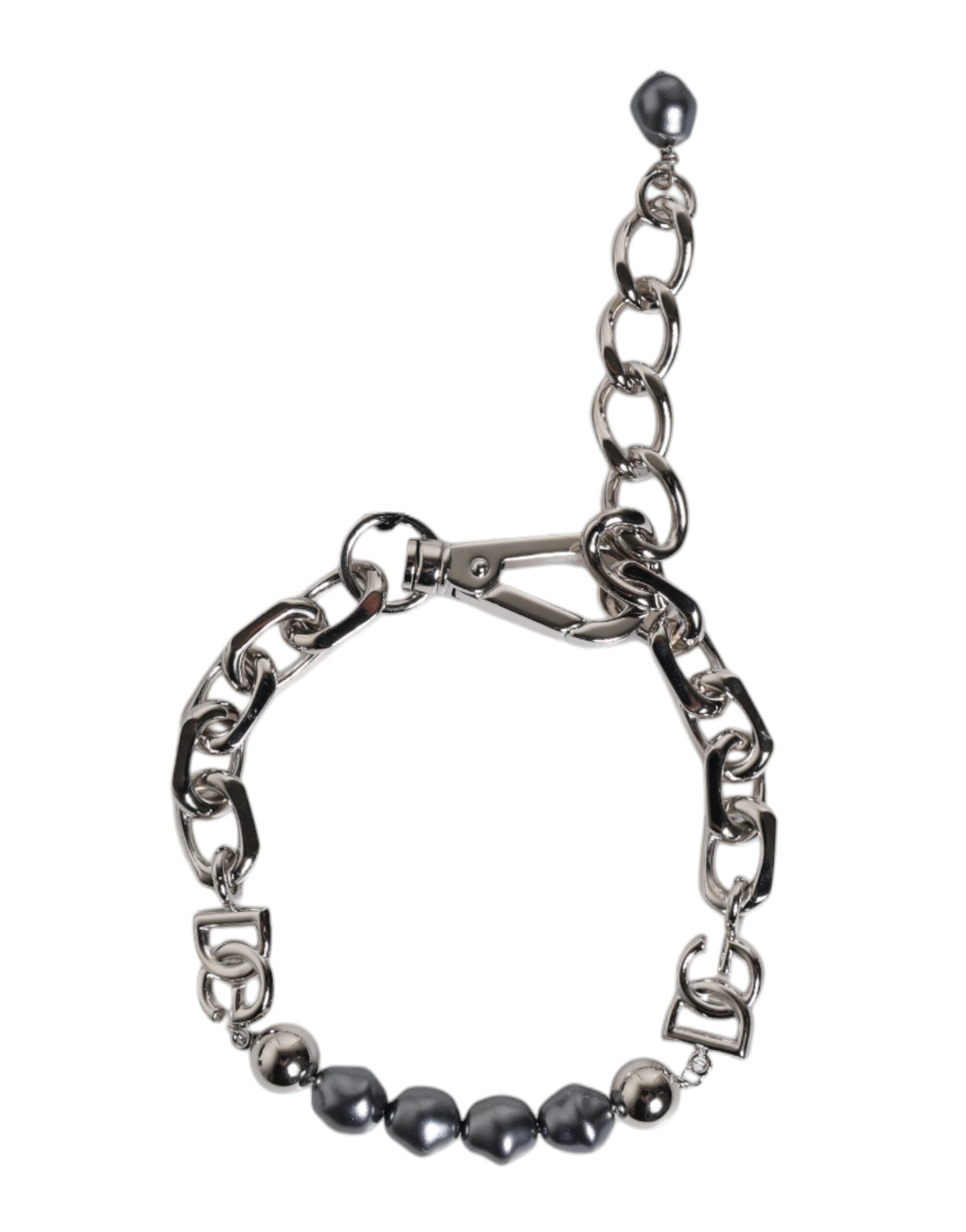 Silver Tone Chain Lobster Clasp Logo Gray Pearls Bracelet - ventzia