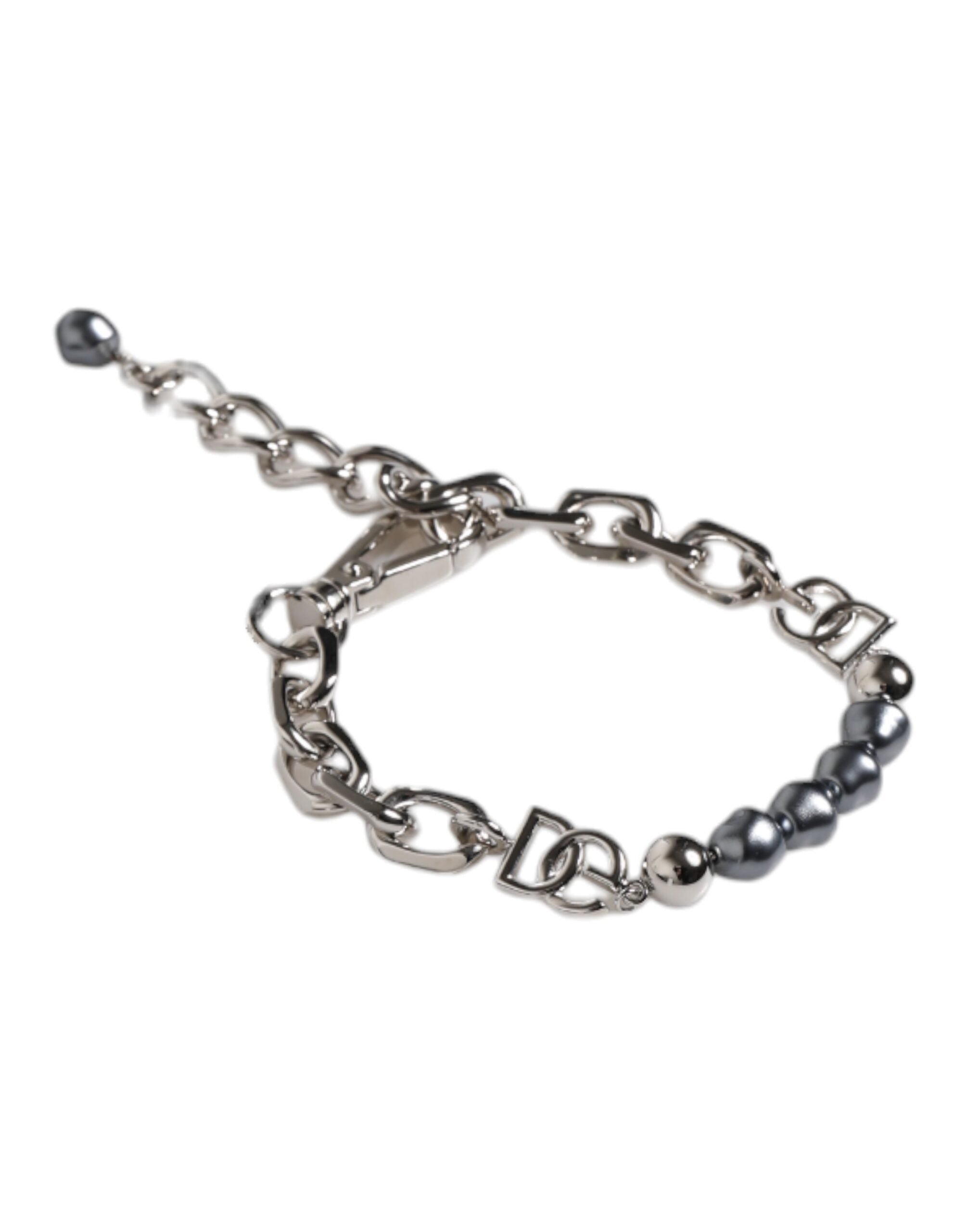 Silver Tone Chain Lobster Clasp Logo Gray Pearls Bracelet - ventzia
