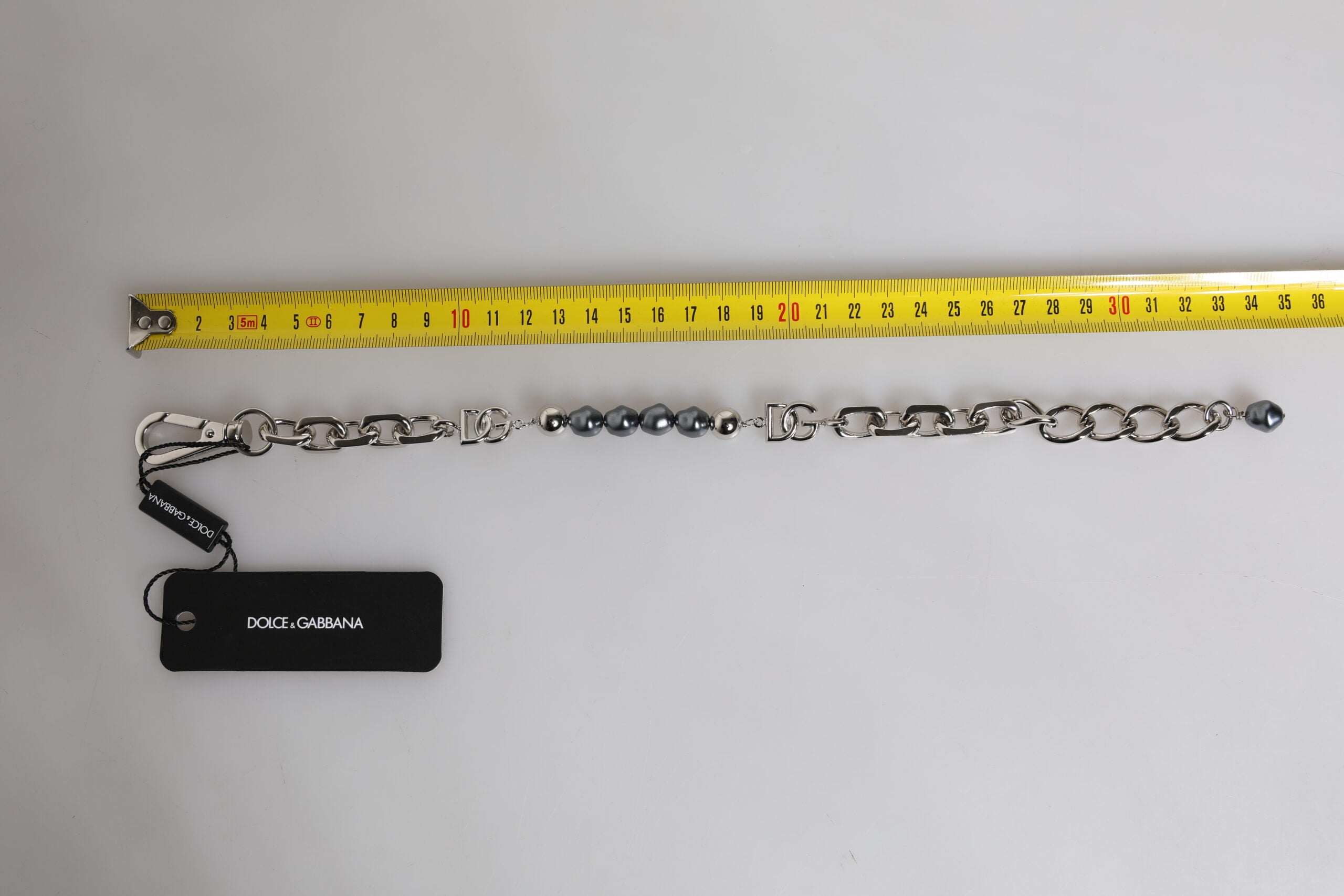 Silver Tone Chain Lobster Clasp Logo Gray Pearls Bracelet - ventzia