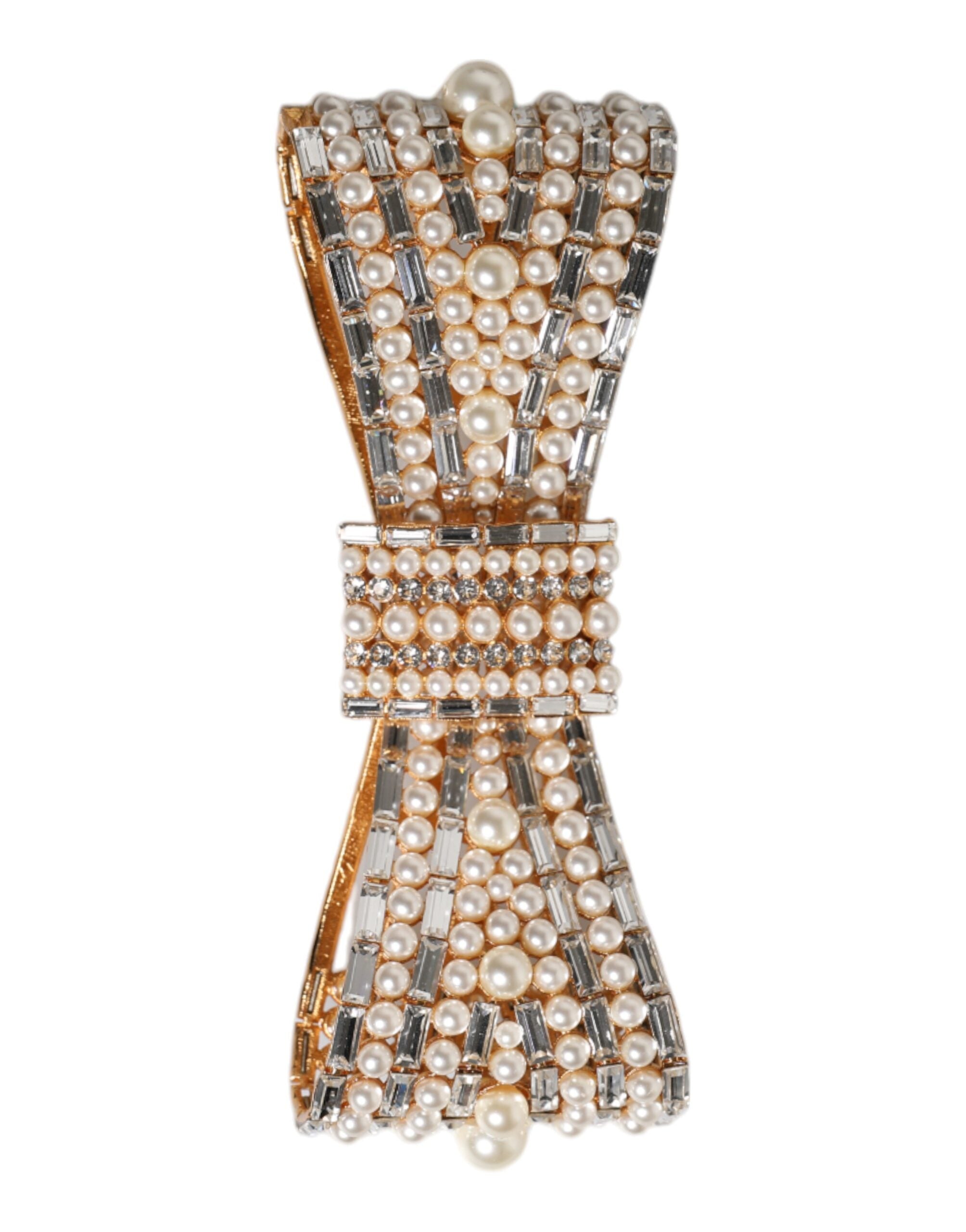 Gold Tone Brass Bow Crystal FauxPearl Embellished Brooch - ventzia