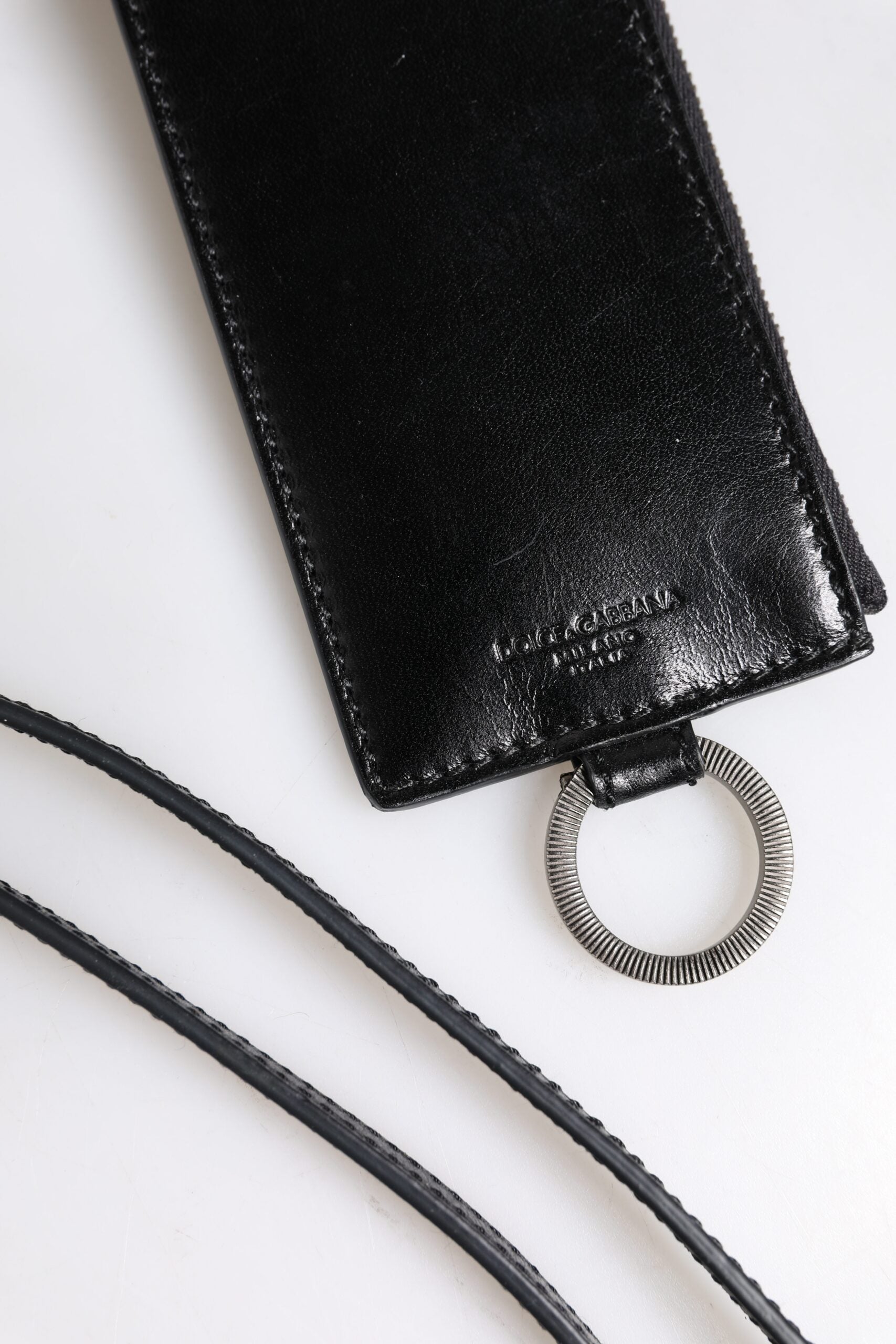 Black Leather Logo Embossed Lanyard Card Holder Wallet - ventzia