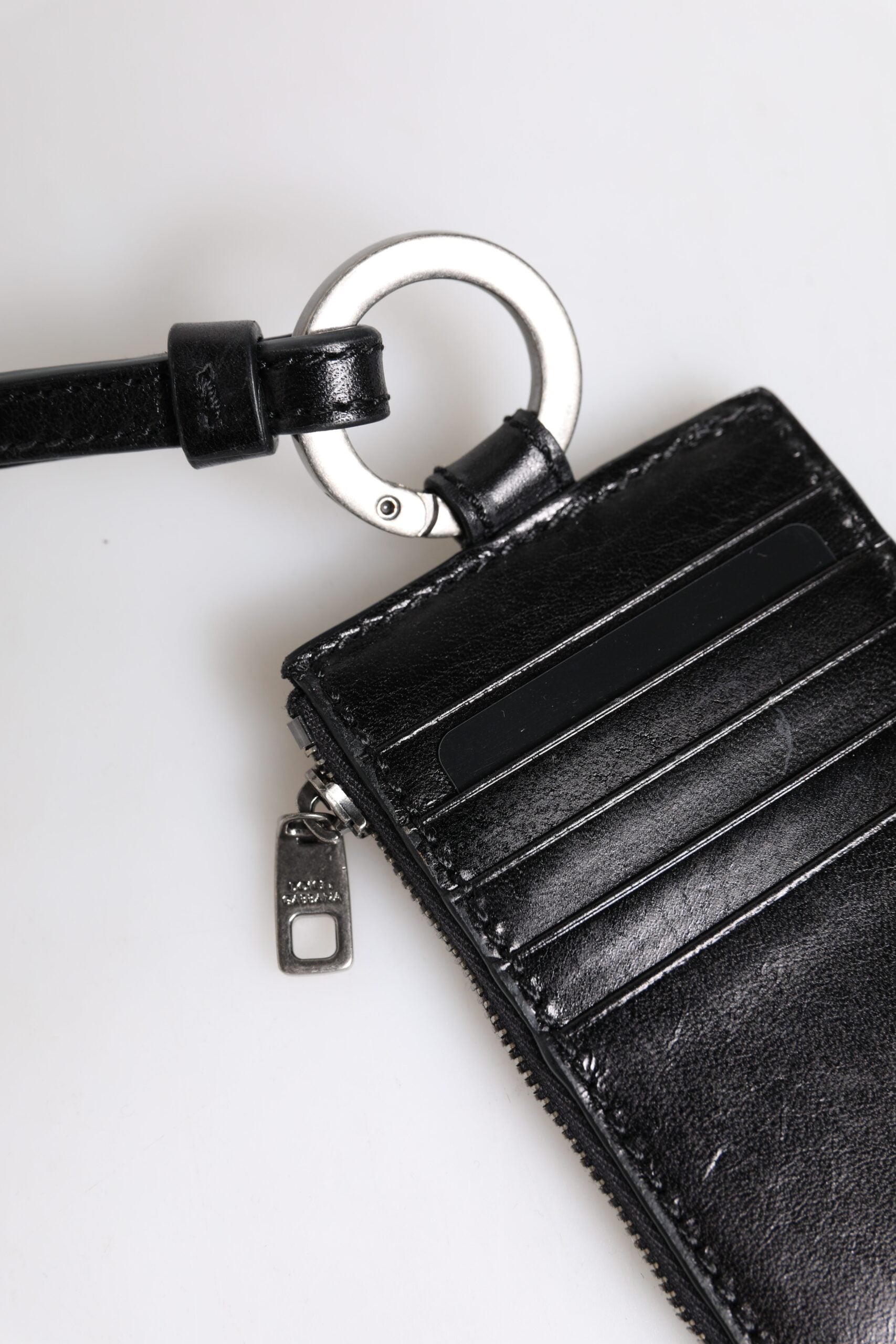 Black Leather Logo Embossed Lanyard Card Holder Wallet - ventzia
