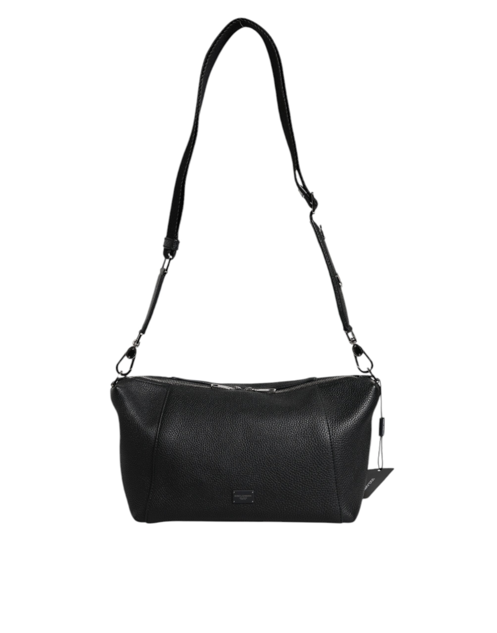Black Leather Logo Plaque Shoulder Crossbody Bag - ventzia