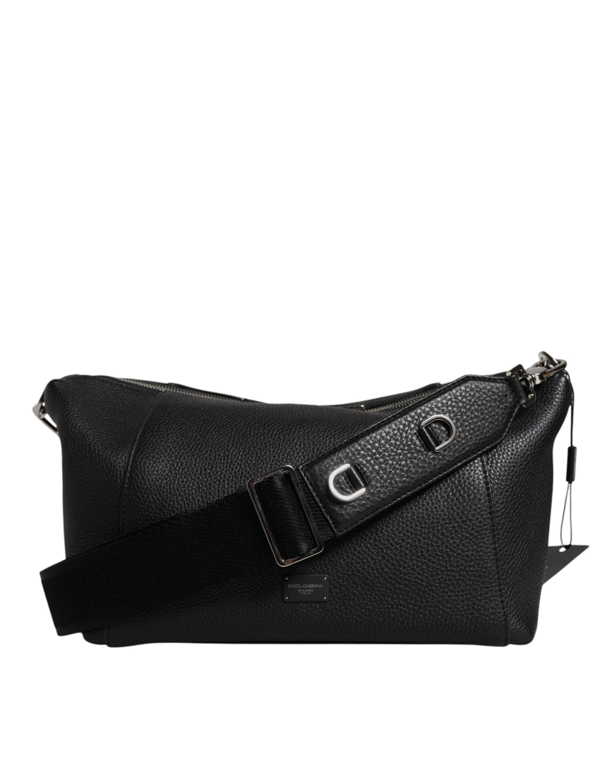 Black Leather Logo Plaque Shoulder Crossbody Bag - ventzia