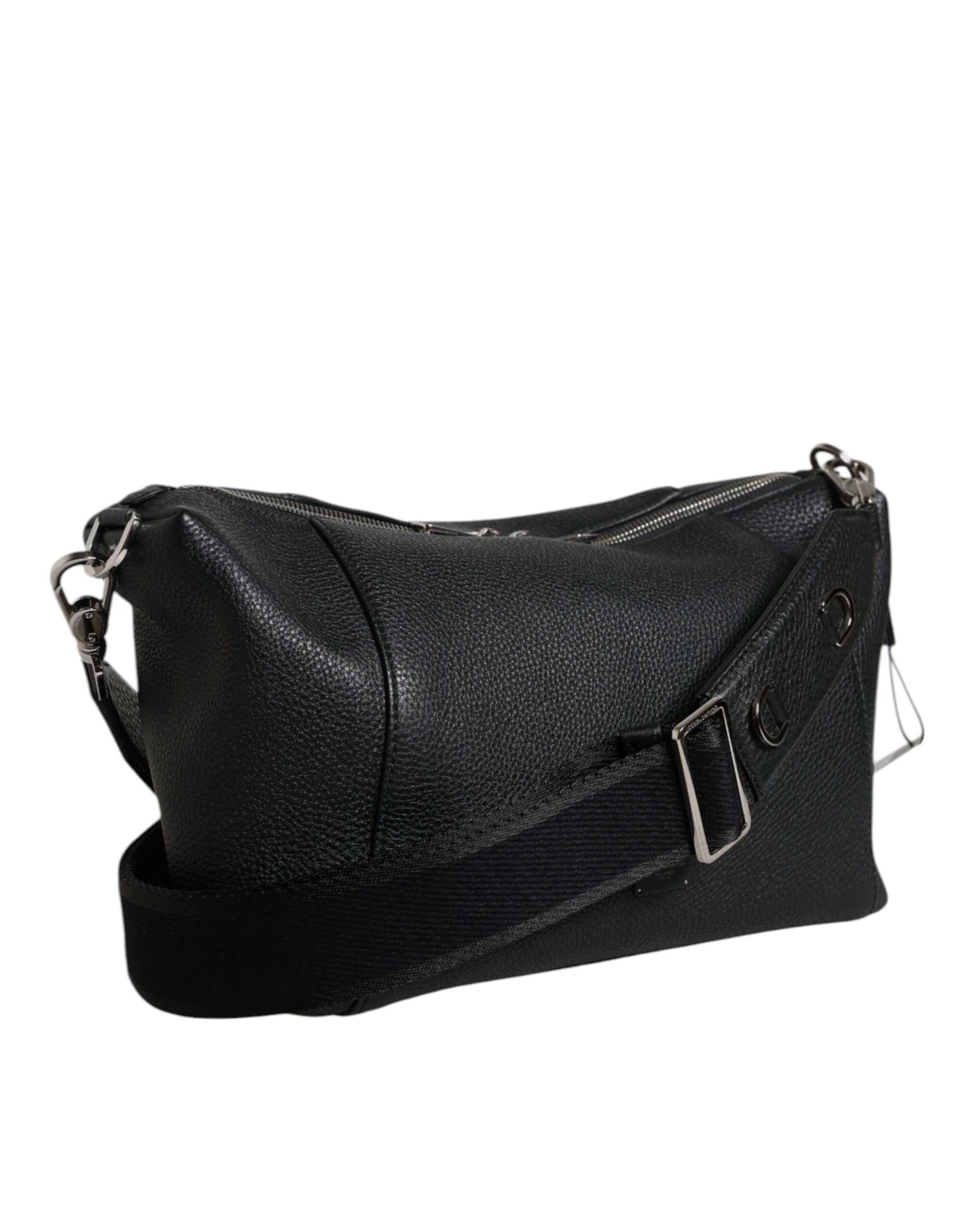 Black Leather Logo Plaque Shoulder Crossbody Bag - ventzia
