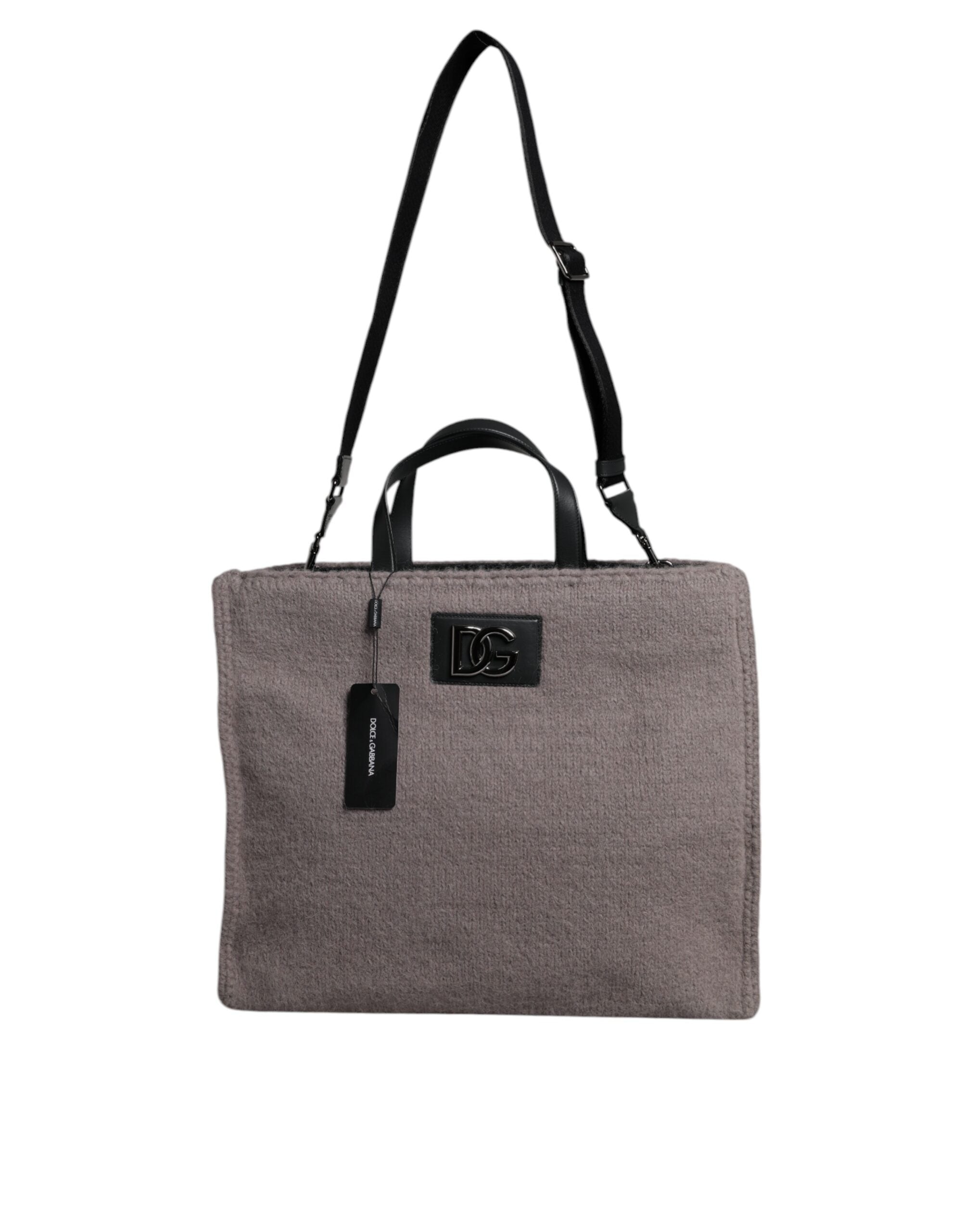 Grey Alpaca Wool Logo Plaque Tote Shoulder Bag - ventzia