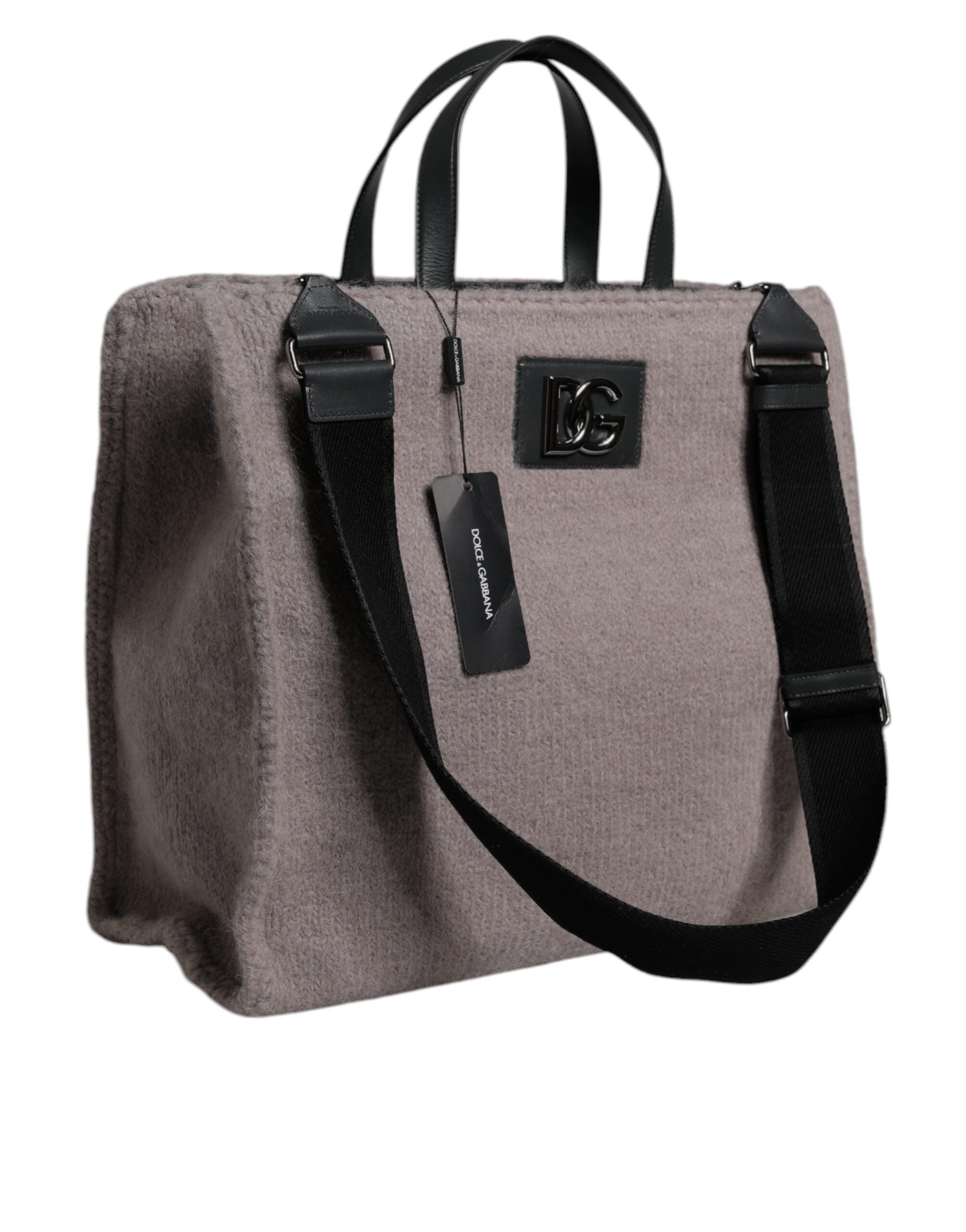 Grey Alpaca Wool Logo Plaque Tote Shoulder Bag - ventzia