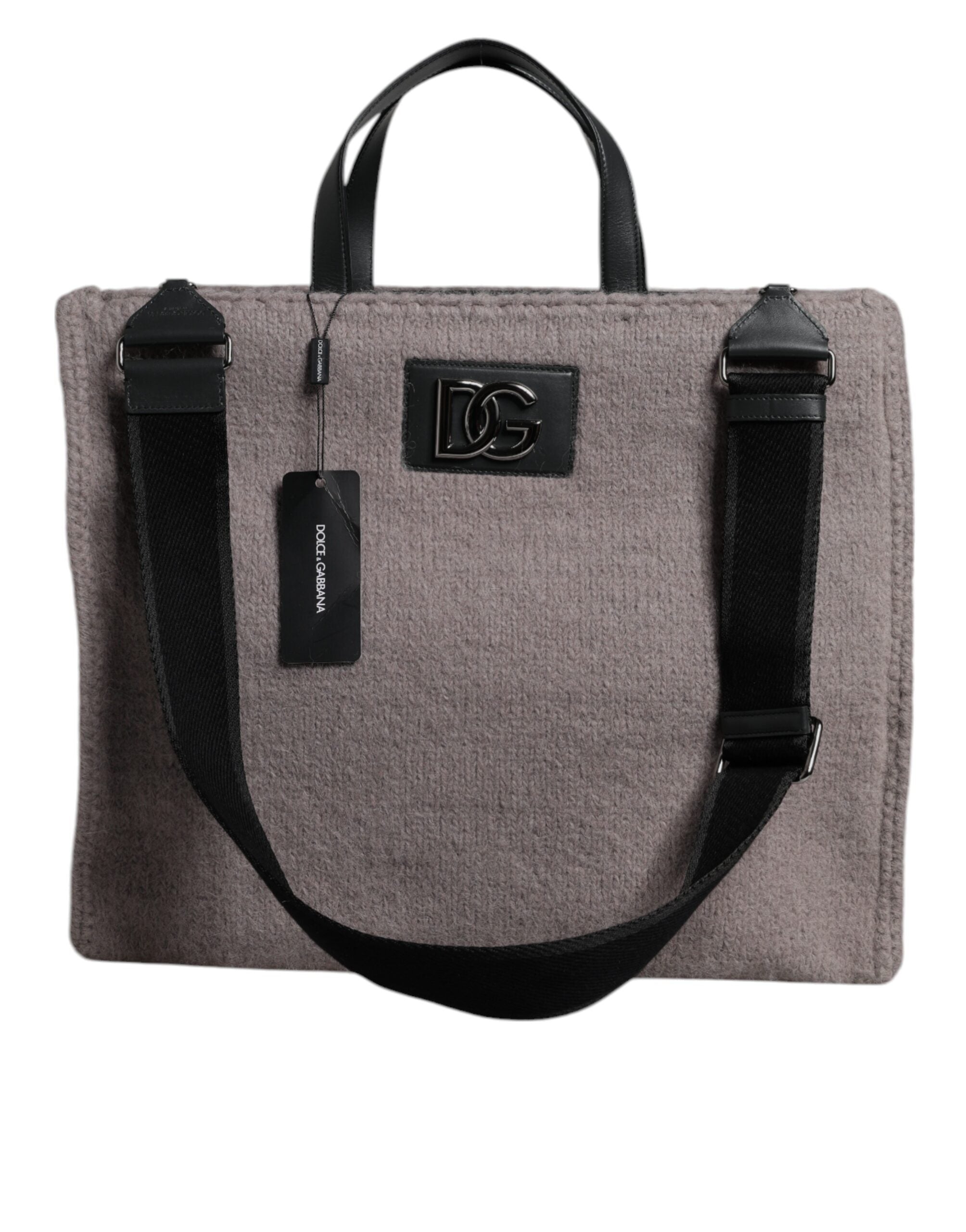 Grey Alpaca Wool Logo Plaque Tote Shoulder Bag - ventzia