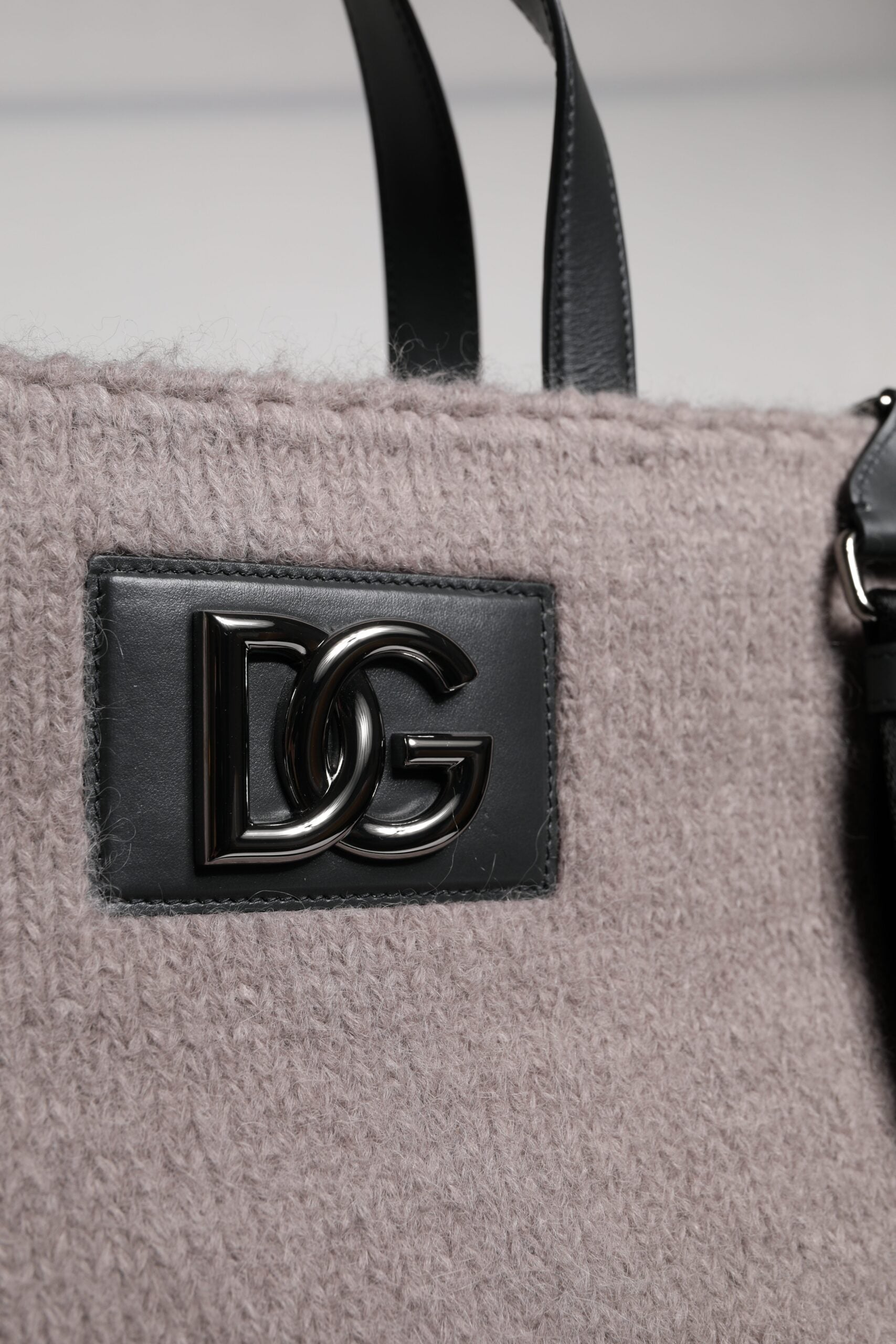 Grey Alpaca Wool Logo Plaque Tote Shoulder Bag - ventzia